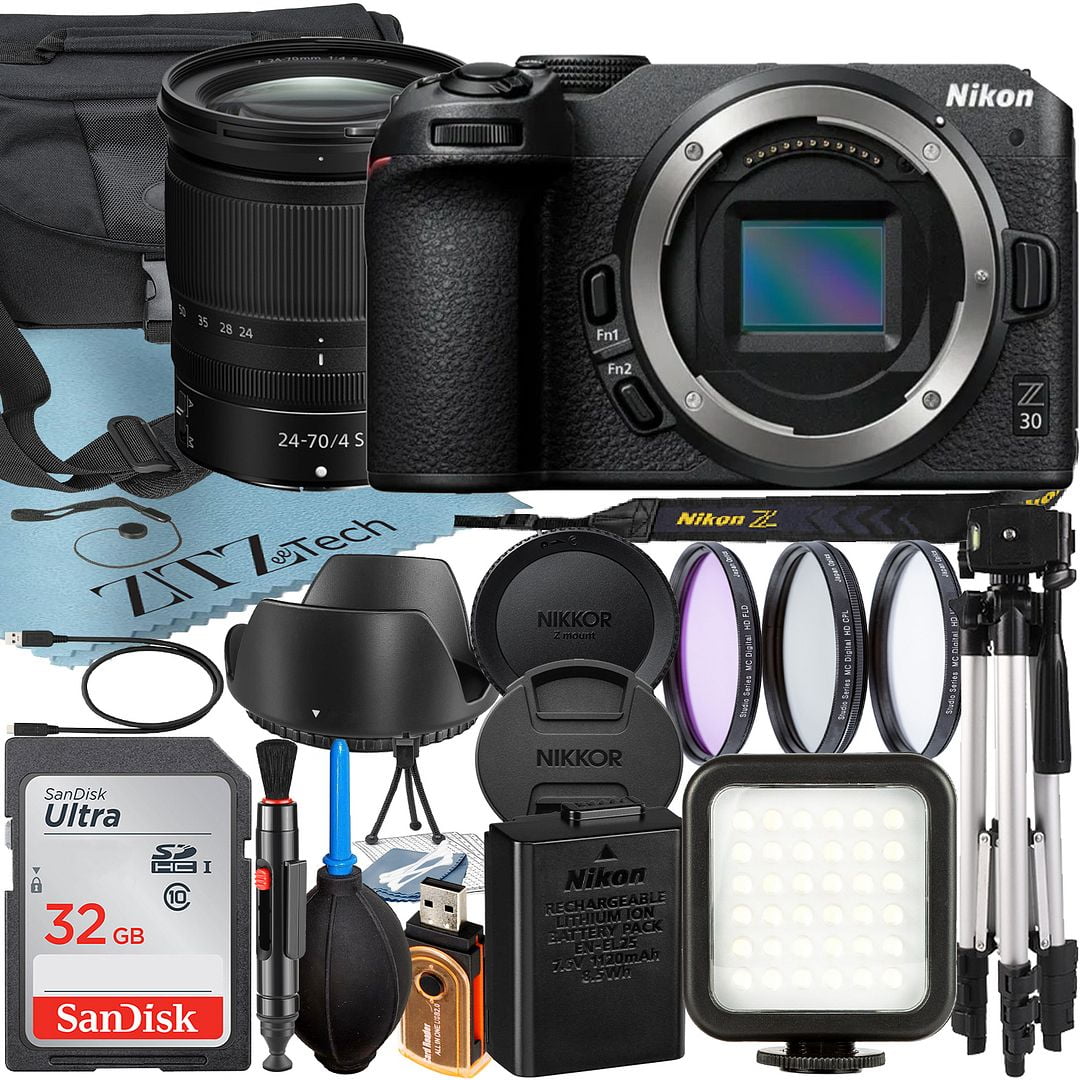 Nikon Z30 Mirrorless Camera with NIKKOR Z 24-70mm f/4 S Lens + SanDisk 32GB Card + Case + 3 Pieces Filter + Flash + ZeeTech Accessory Bundle