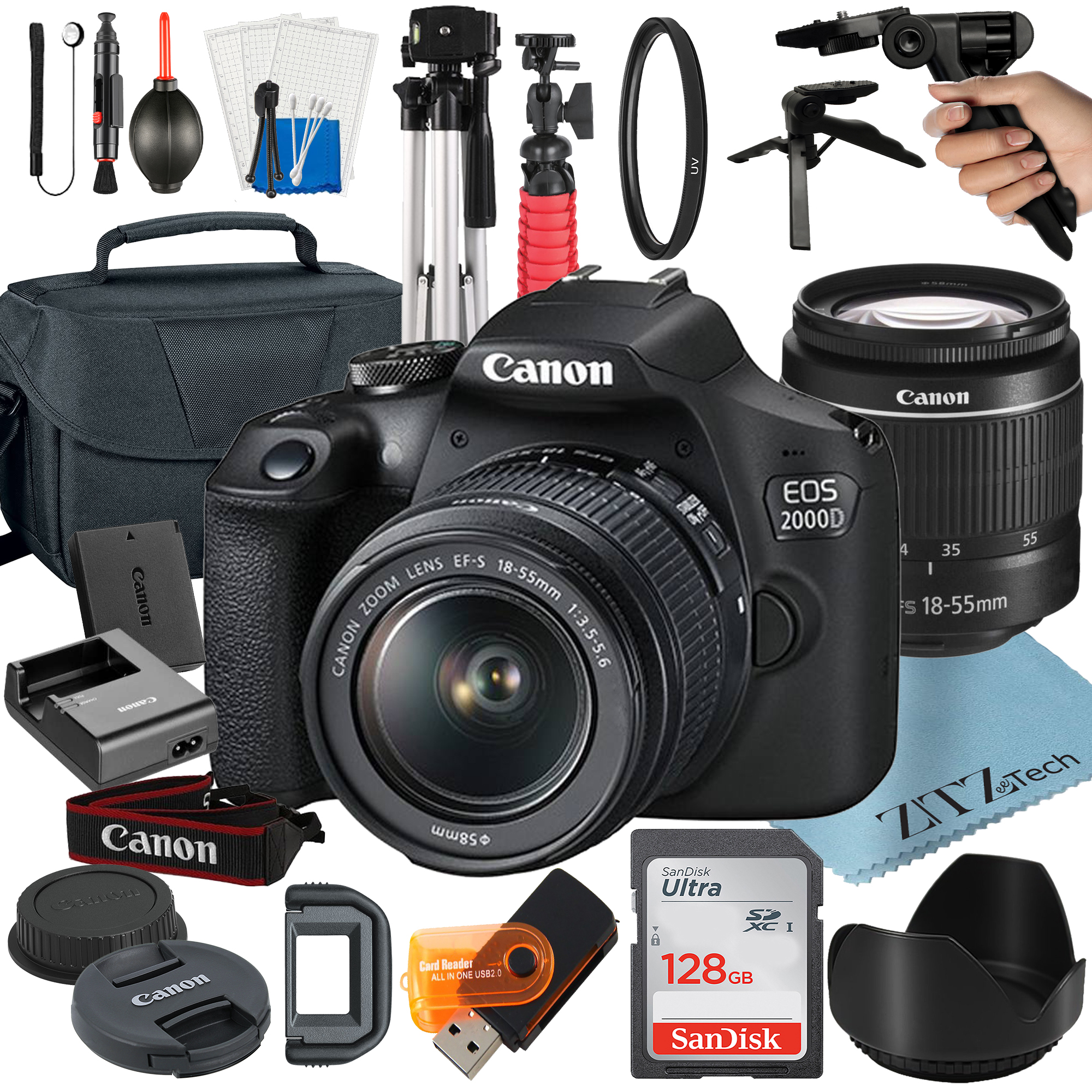 Canon EOS 2000D / Rebel T7 DSLR Camera Bundle with 18-55mm Zoom Lens + 128GB SanDisk Card + Case + Tripod + ZeeTech Accessory