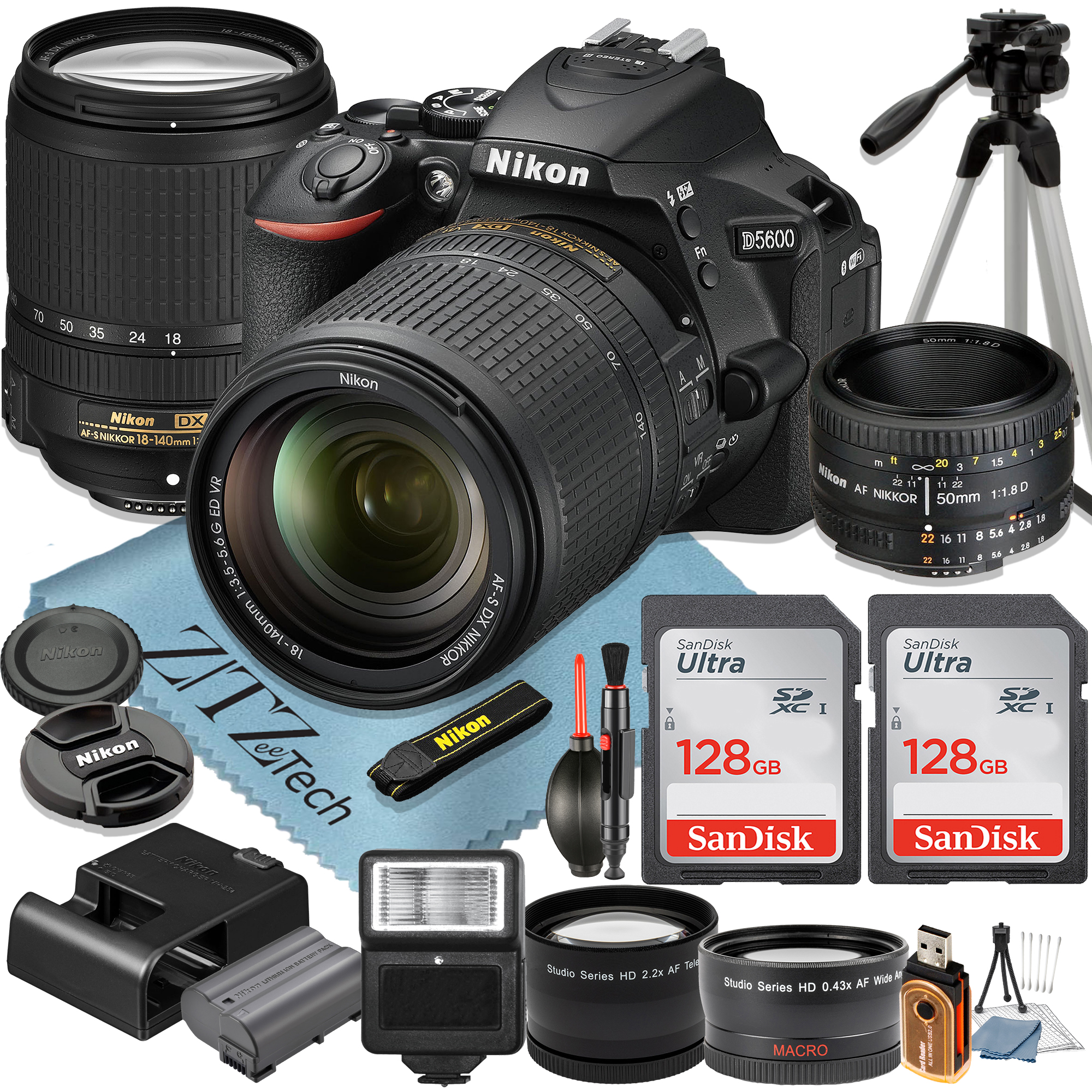 Nikon D5600 DSLR Camera with 18-140mm + AF FX 50mm Lens + 2 Pcs SanDisk 128GB Memory Cards + Tripod + Wideangle + Flash + ZeeTech Accessory Bundle