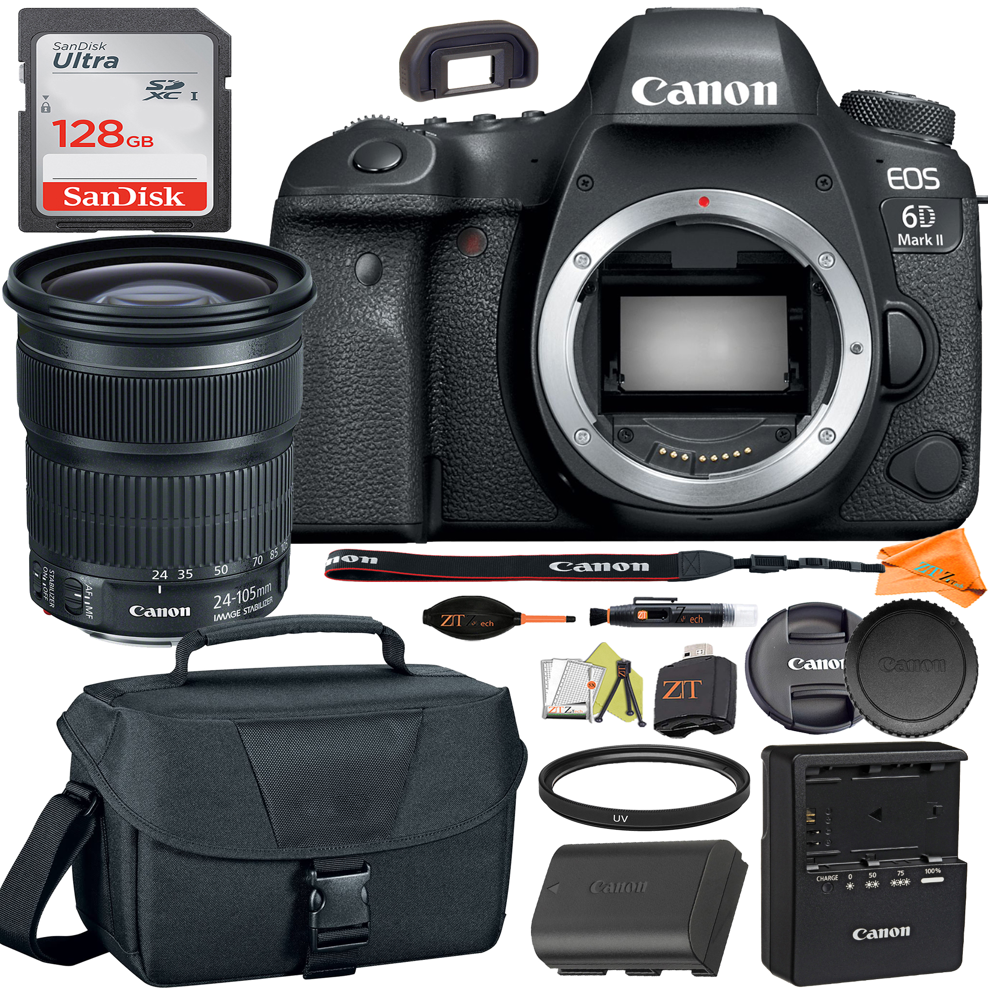 Canon EOS 6D Mark II DSLR Camera with 24-105mm Lens with SanDisk 128GB Card + Case + ZeeTech Accessory Bundle