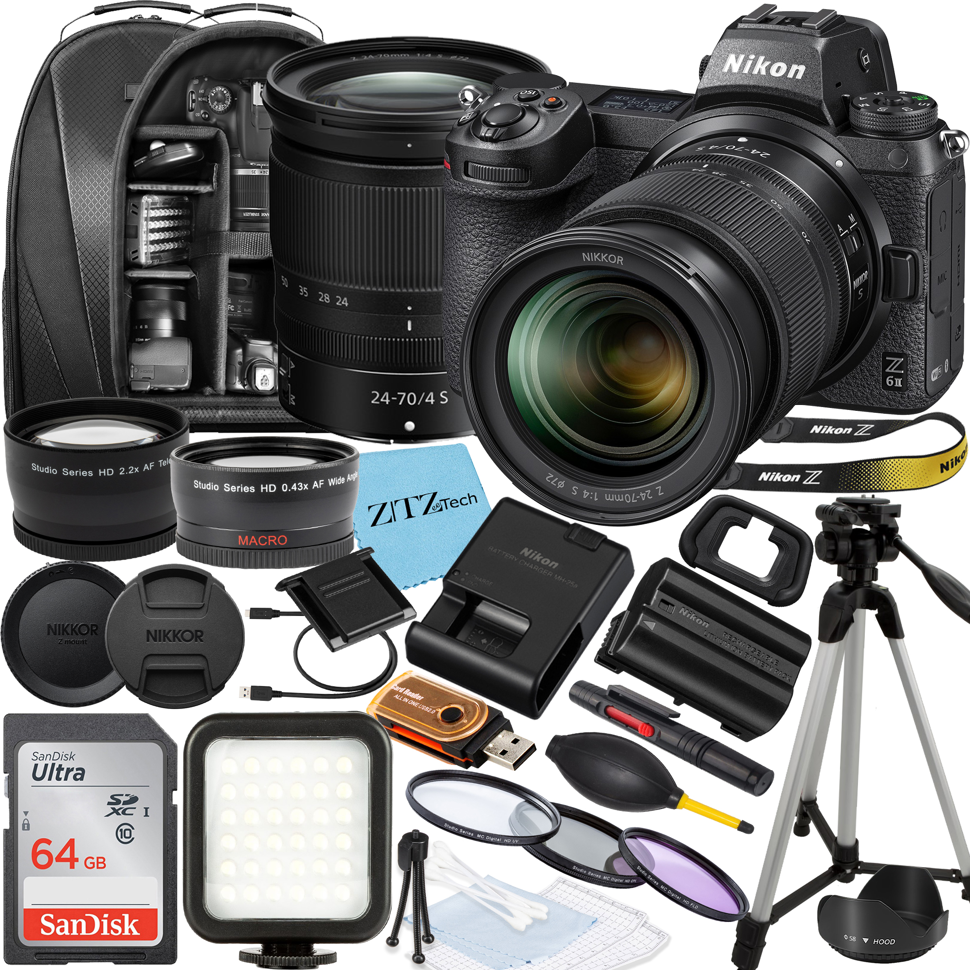 Nikon Z6 II Mirrorless Camera with NIKKOR Z 24-70mm f/4 S Lens, SanDisk 64GB Memory Card, Backpack, Flash, Tripod and ZeeTech Accessory Bundle