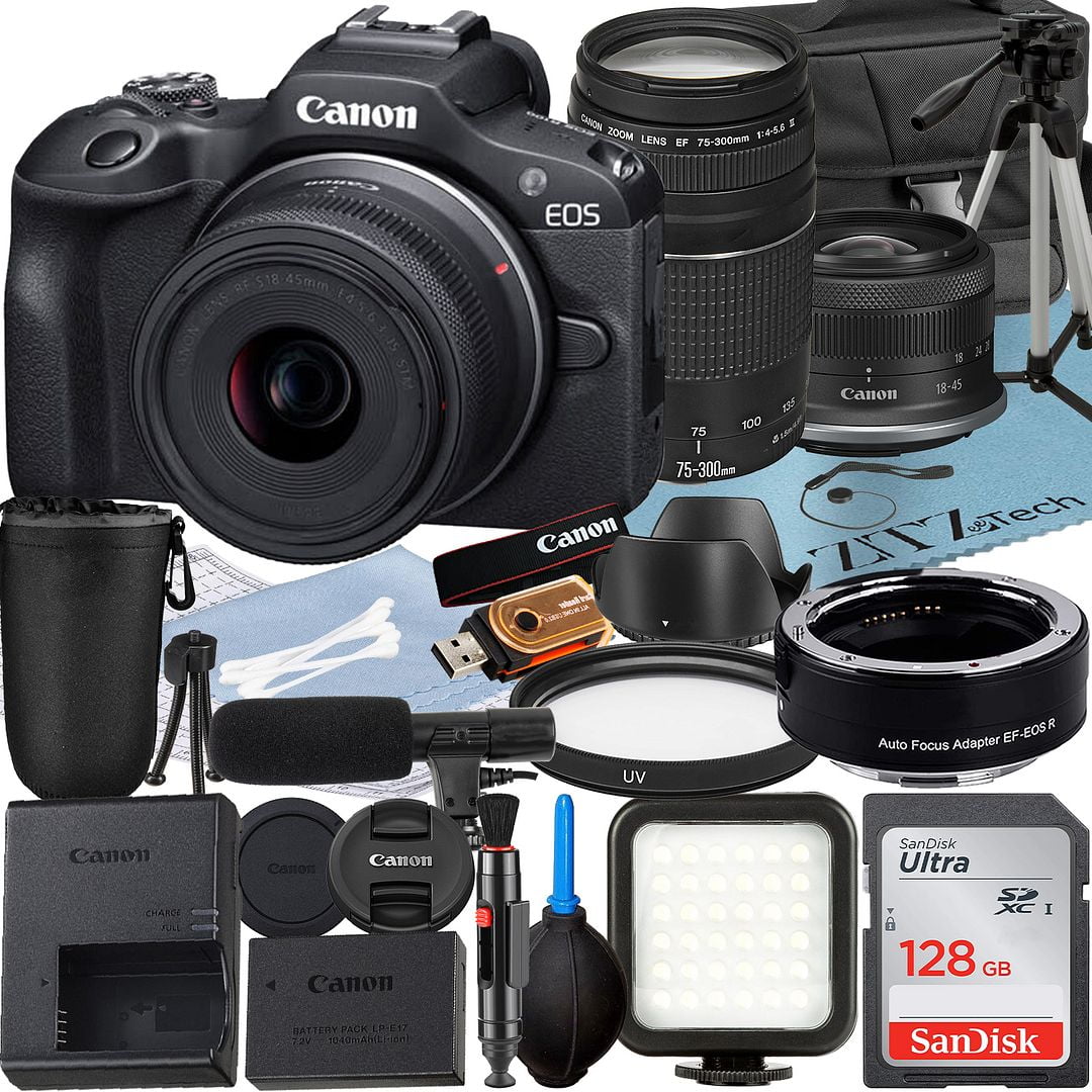 Canon EOS R100 Mirrorless Camera with RF-S 18-45mm + EF 75-300mm Lens + Mount Adapter + SanDisk 128GB Memory Card + Case + LED Flash + ZeeTech Accessory Bundle