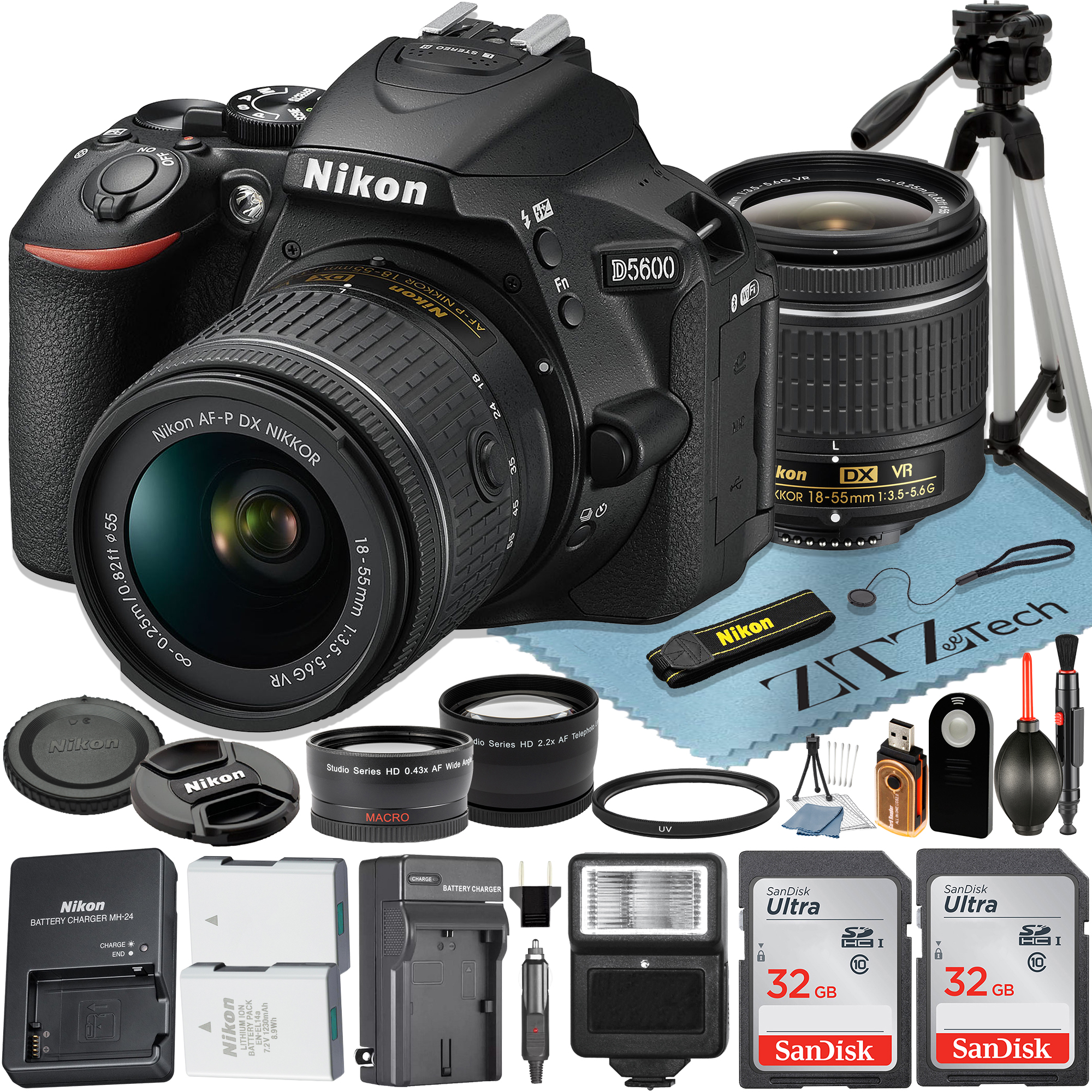 Nikon D5600 DSLR Camera with 18-55mm Lens + 2 Pcs SanDisk 32GB Memory Card + Tripod + Wideangle + Telephoto + ZeeTech Accessory Bundle