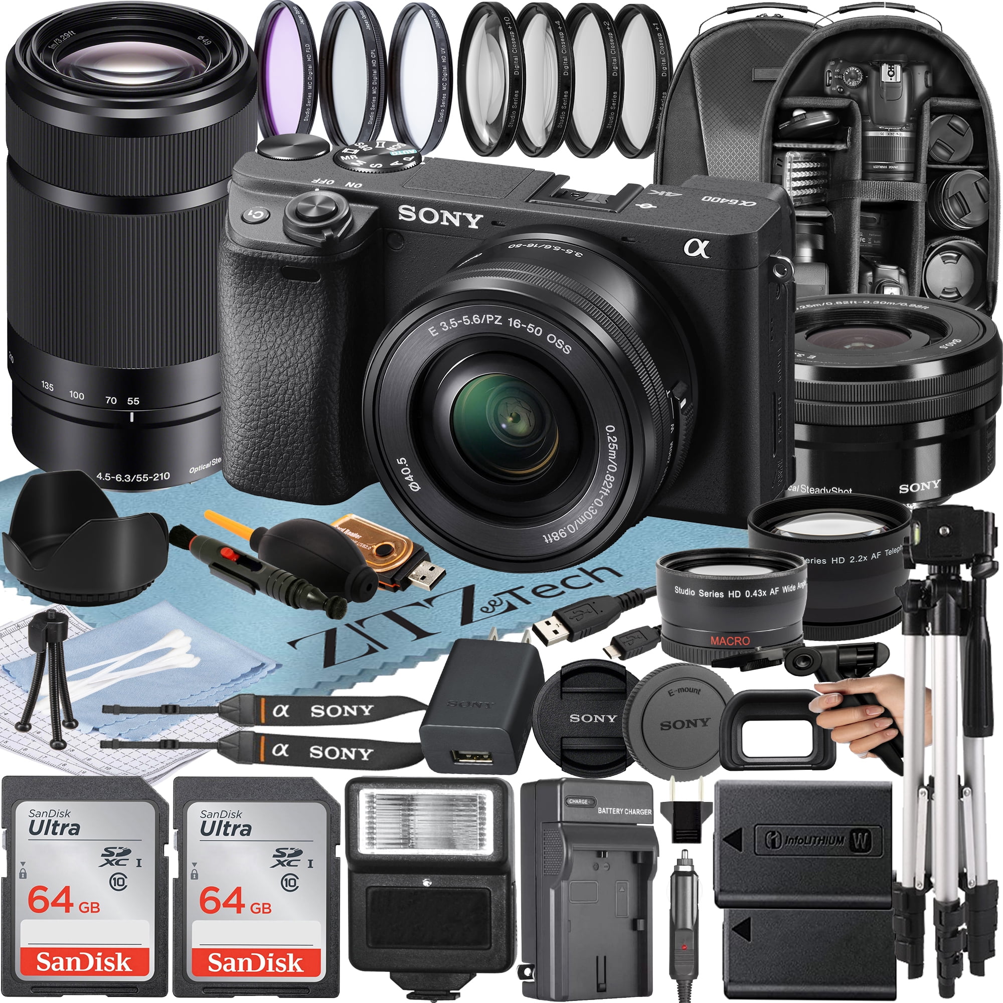 Sony Alpha a6400 Mirrorless Digital Camera with E PZ 16-50mm + E 55-210mm OSS Lens + 2 Pack SanDisk 64GB Card + Backpack + ZeeTech Accessory Bundle