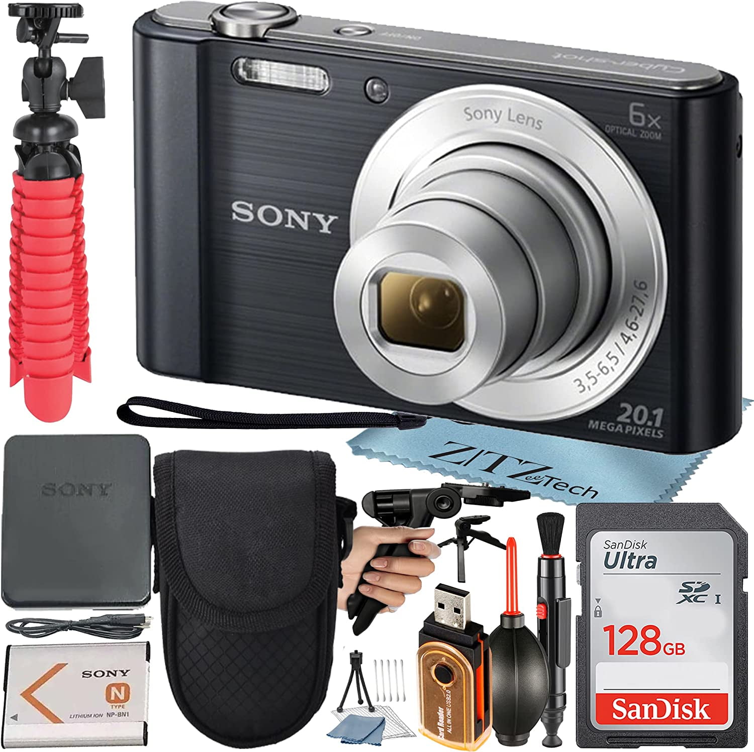 Sony Cyber-Shot DSC-W810 Digital Camera 20.1 MP CCD Sensor with Optical 6X Zoom Lens + SanDisk 128GB Memory Card + Case + Pistol Grip + Tripod + ZeeTech Accessory Bundle (Black)