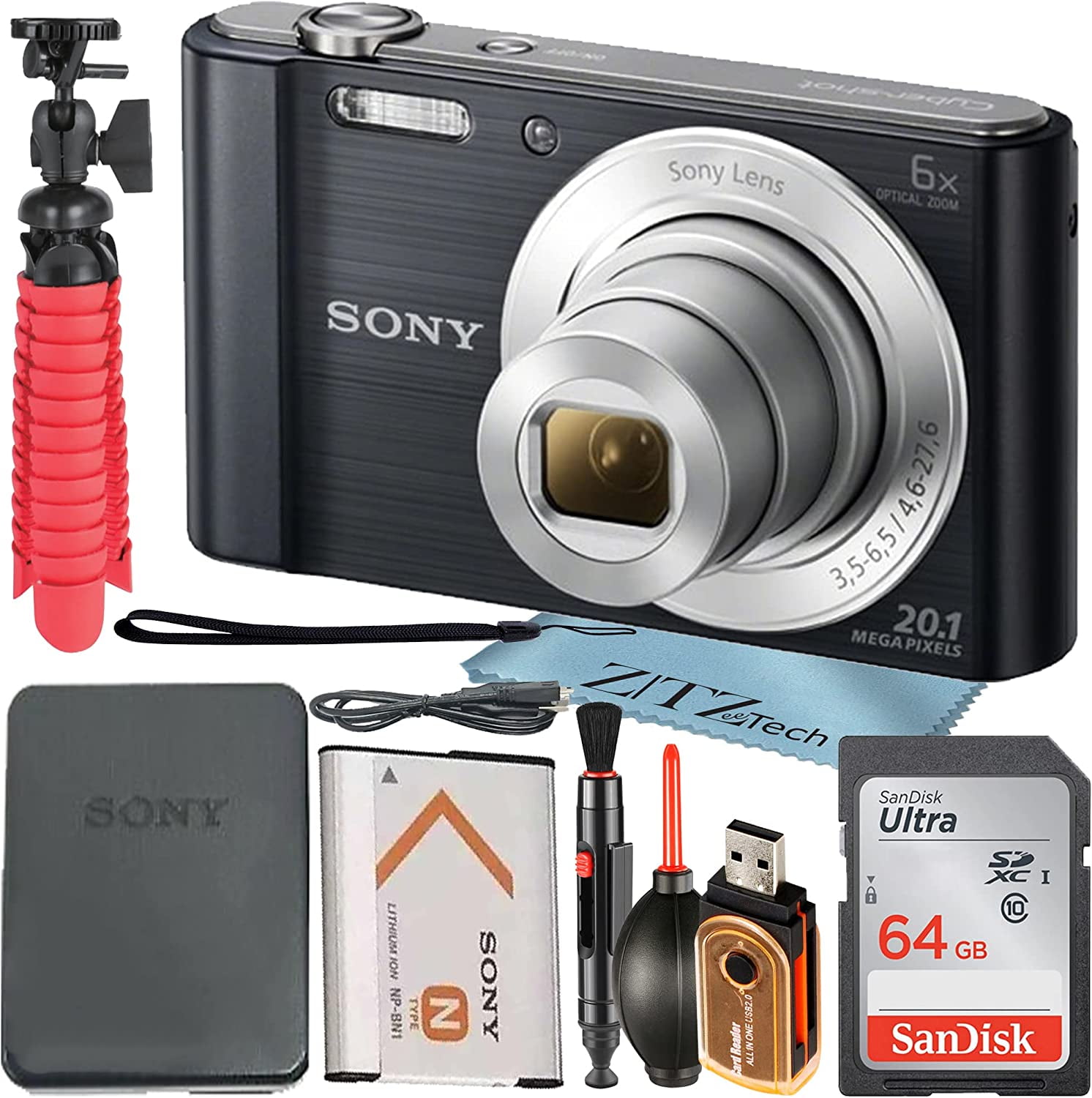 Sony Cyber-Shot DSC-W810 Digital Camera 20.1 MP CCD Sensor with Optical 6X Zoom Lens + SanDisk 64GB Memory Card + Tripod + ZeeTech Accessory Bundle (Black)