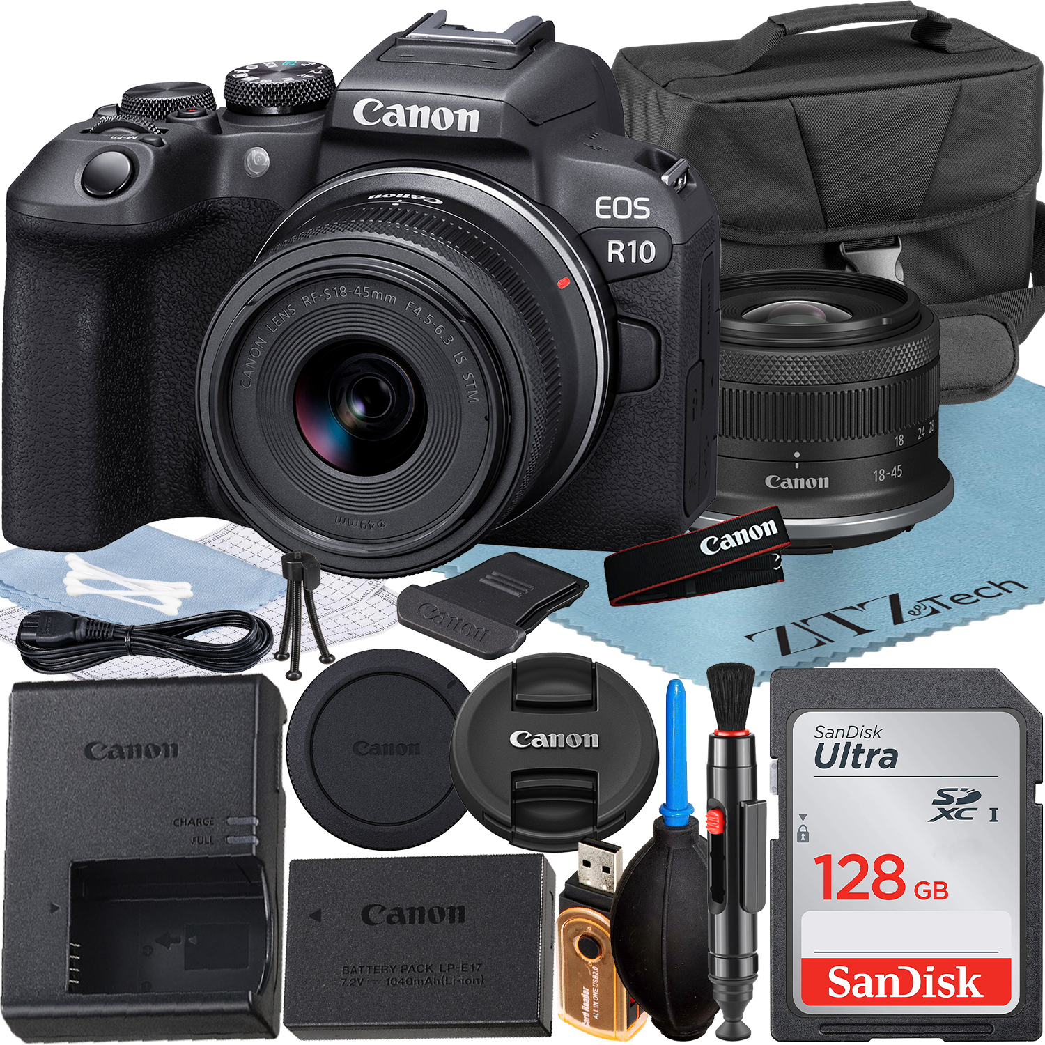 Canon EOS R10 Mirrorless Camera with RF-S 18-45mm Lens + SanDisk 128GB Memory Card + Case + ZeeTech Accessory Bundle