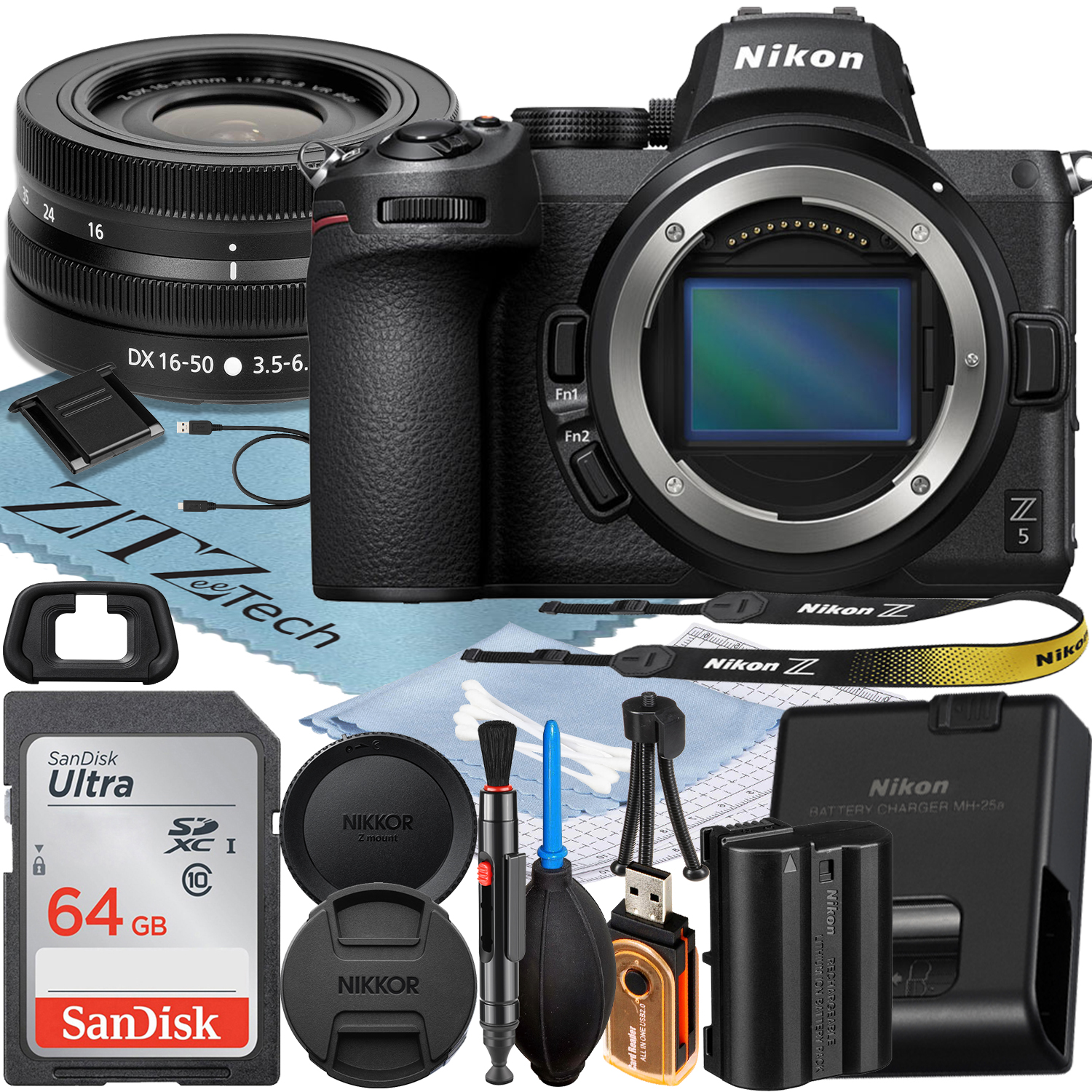 Nikon Z5 Mirrorless Camera with NIKKOR Z DX 16-50mm VR Zoom Lens + SanDisk 64GB Memory Card + ZeeTech Accessory Bundle