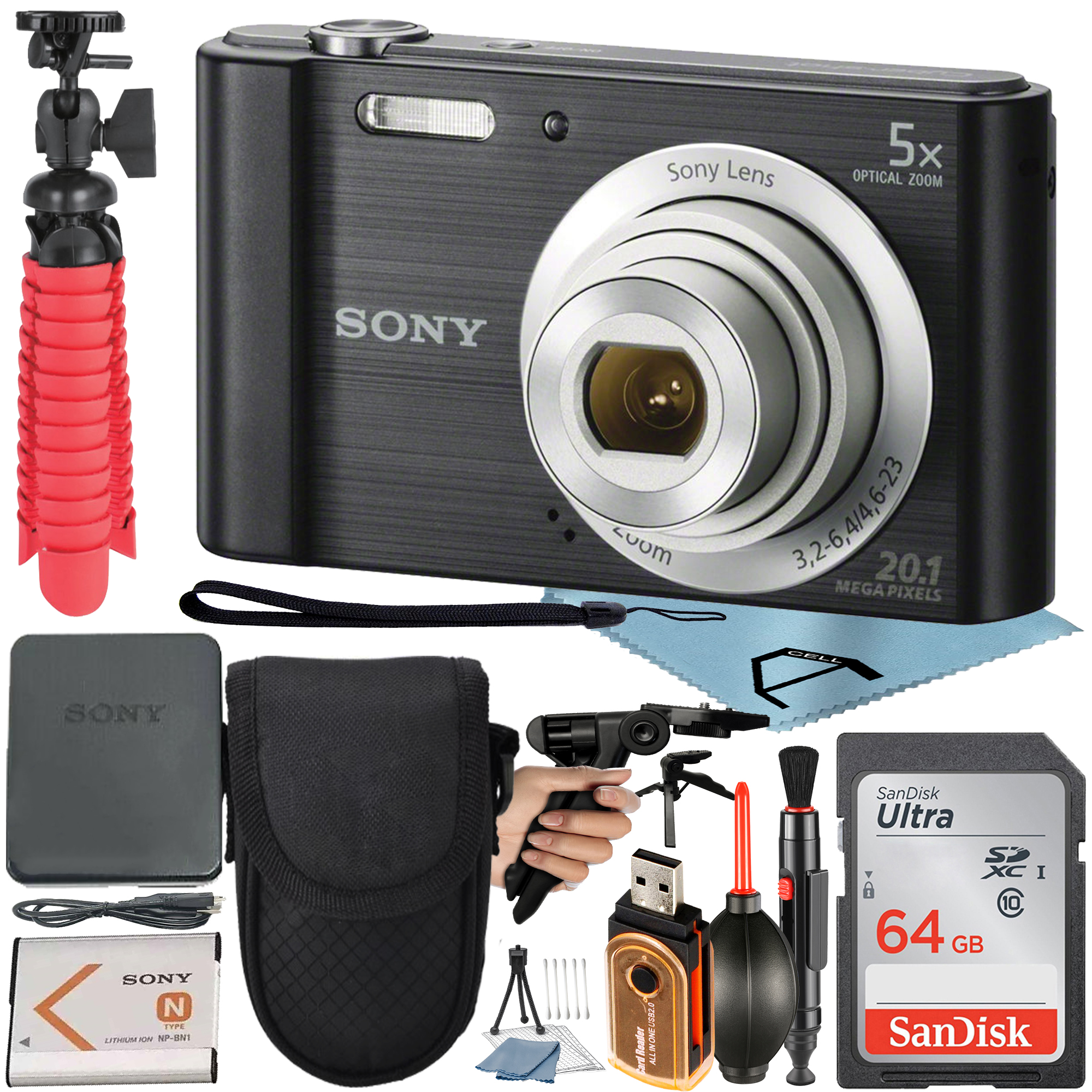 Sony Cyber-Shot DSC-W800 Digital Camera (Black) with Optical 5x + 64GB SanDisk Card + Pistol Grip + Tripod + A-Cell Accessory