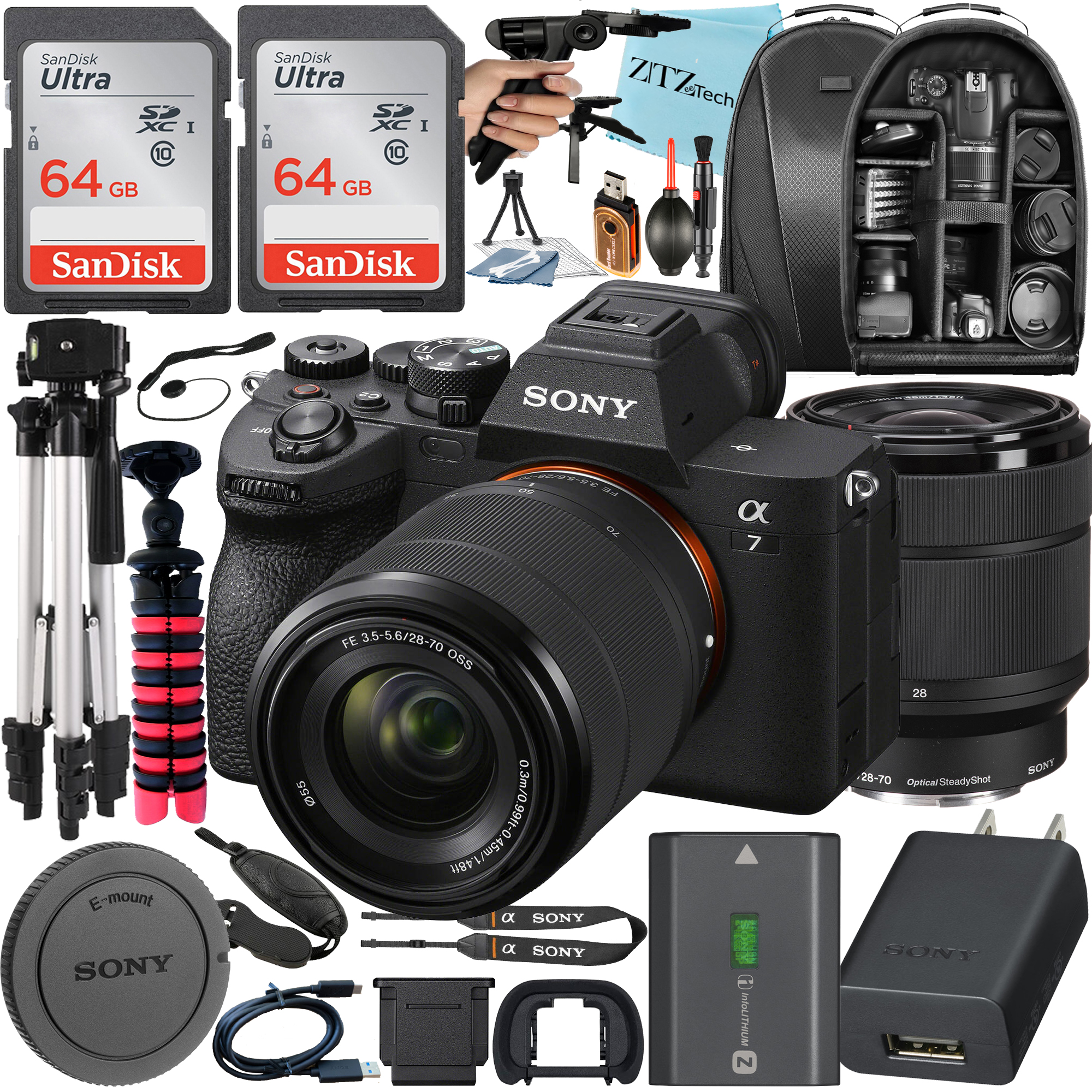 Sony Alpha a7 IV Mirrorless Digital Camera with FE 28-70mm Lens + 2 Pack SanDisk 64GB Card + Case + Tripod + ZeeTech Accessory Bundle