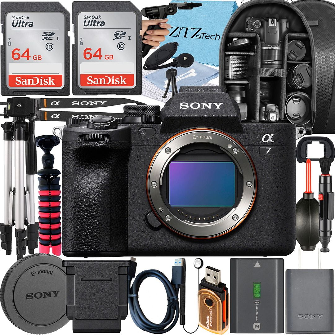 Sony a7 IV Mirrorless Camera + Tripod + 2 Pack 64GB Memory Card + Backpack + ZeeTech Accessory Bundle