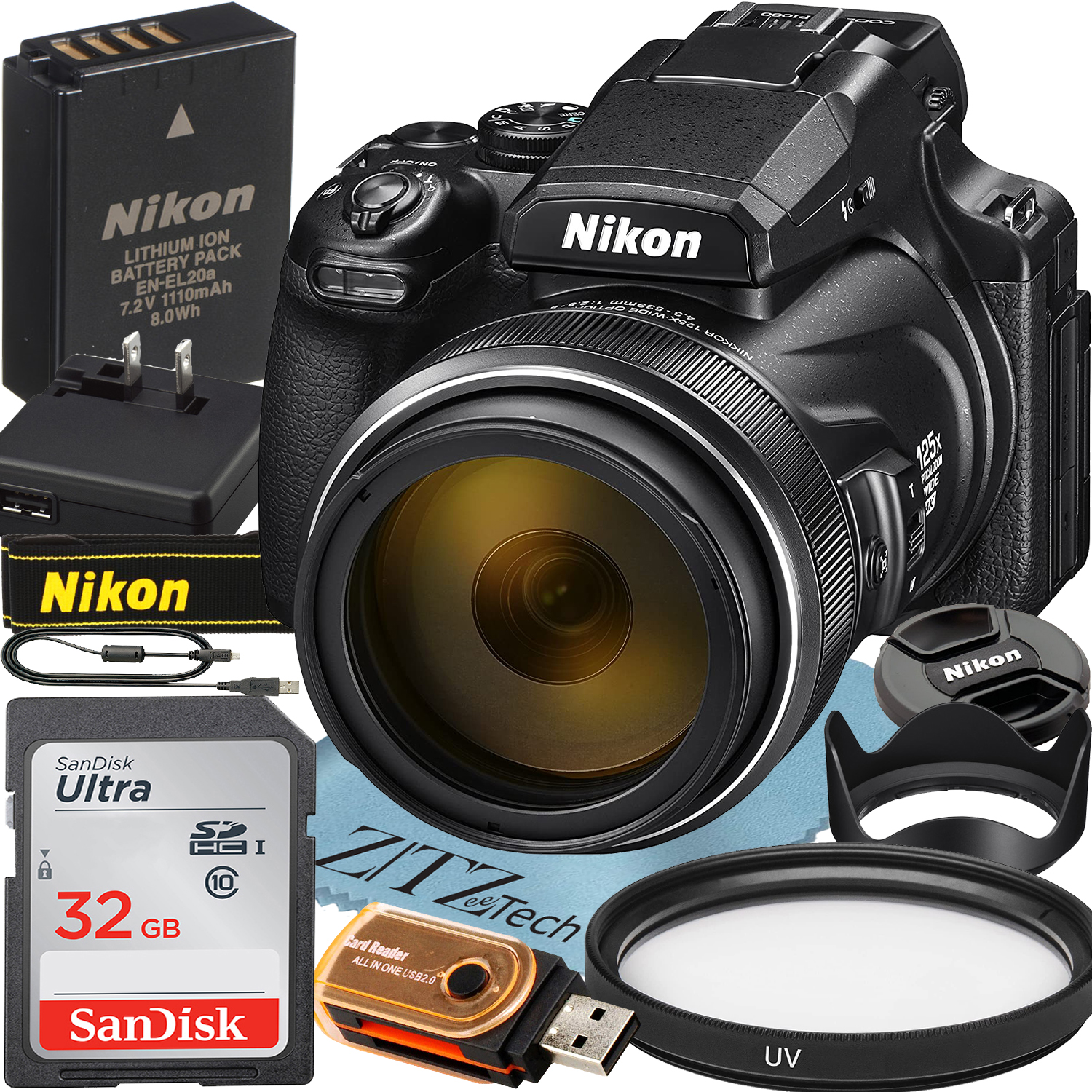 Nikon COOLPIX P1000 Digital Camera with 125x Optical Lens + SanDisk 32GB Memory Card + UV Filter + ZeeTech Starter Bundle