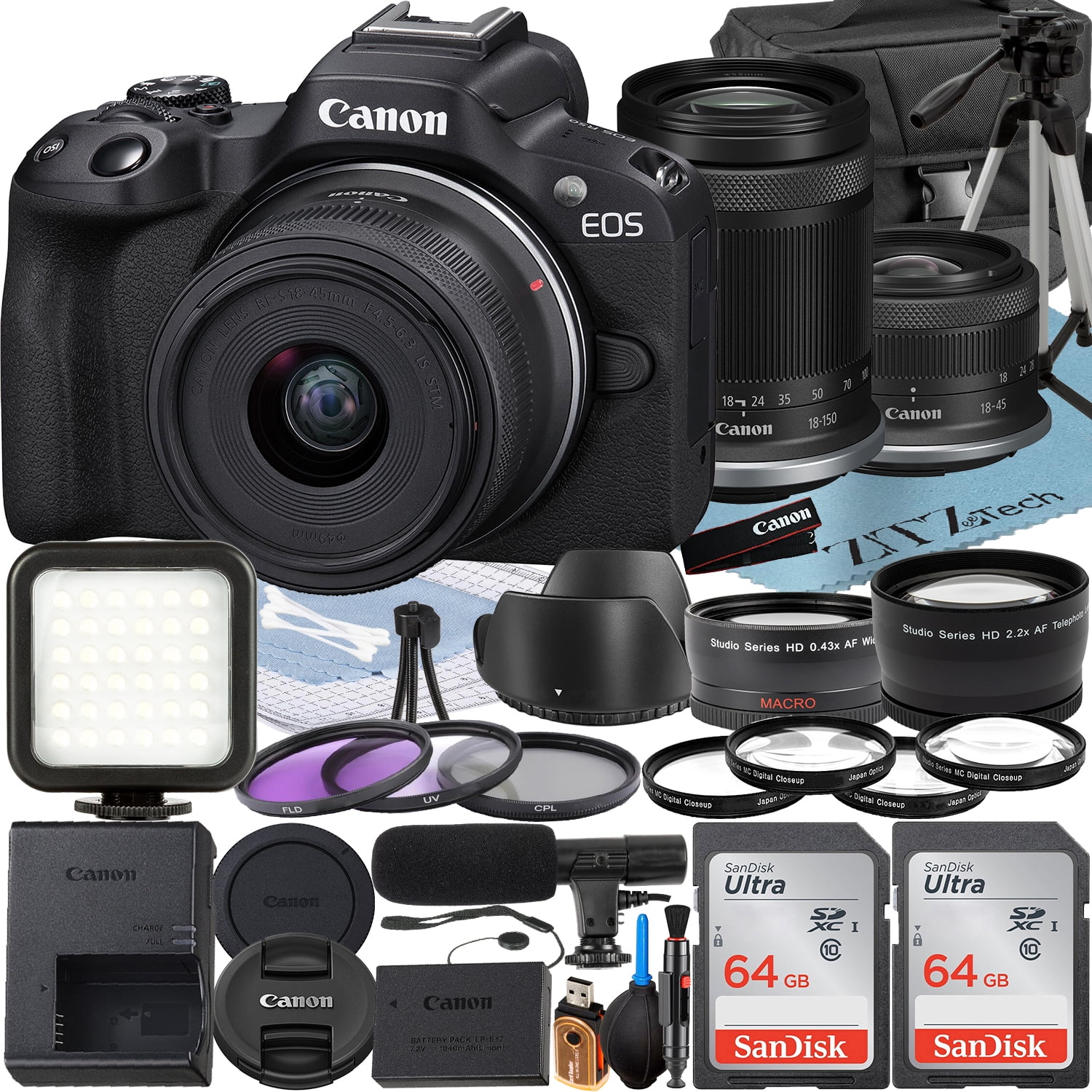 Canon EOS R50 Mirrorless Camera with RF-S 18-45mm + 18-150mm Lens + 2 Pack SanDisk 64GB Memory Card + Case + ZeeTech Accessory