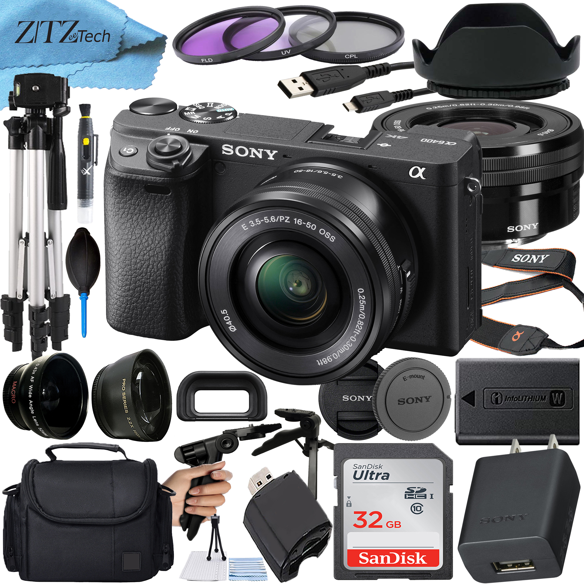 Sony Alpha a6400 Mirrorless Digital Camera with 16-50mm Lens + SanDisk 32GB Card + Telephoto + ZeeTech Accessory Bundle