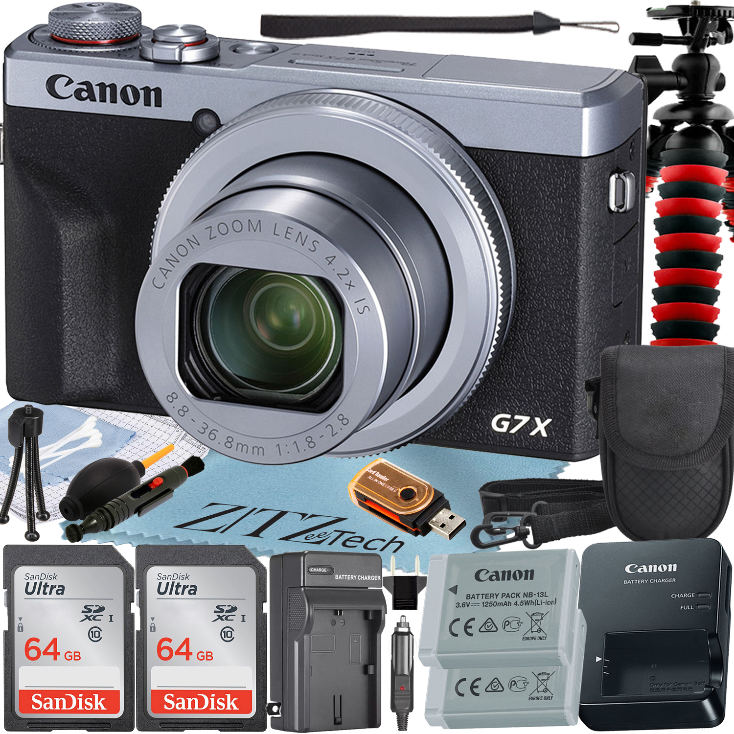 Canon PowerShot G7 X Mark III Digital Camera (Silver) with 2 Pieces SanDisk 64GB Memory Card + Case + Tripod + ZeeTech Professional Bundle