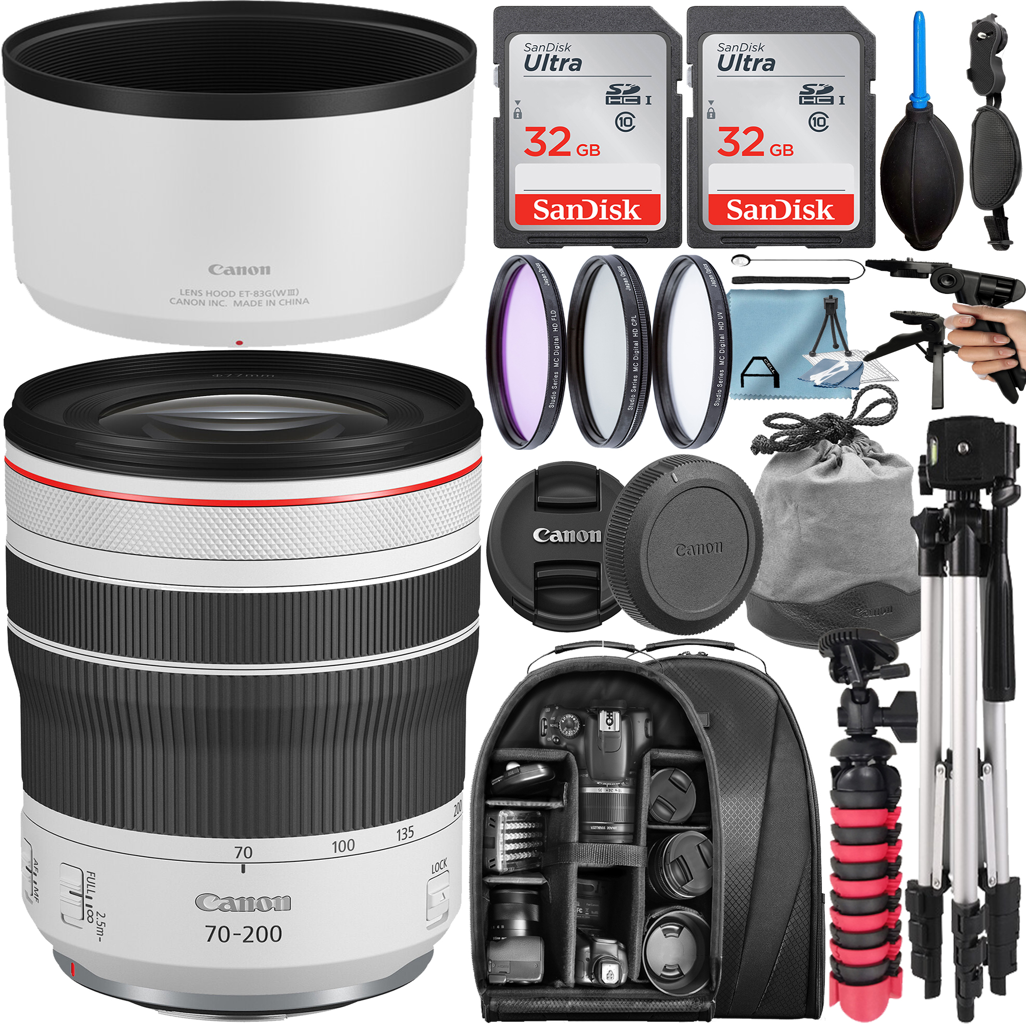 Canon RF 70-200mm F/4L IS USM Telephoto Zoom Lens with 2 Pack 32GB SanDisk Memory Card + Tripod + Backpack + A-Cell Accessory Bundle