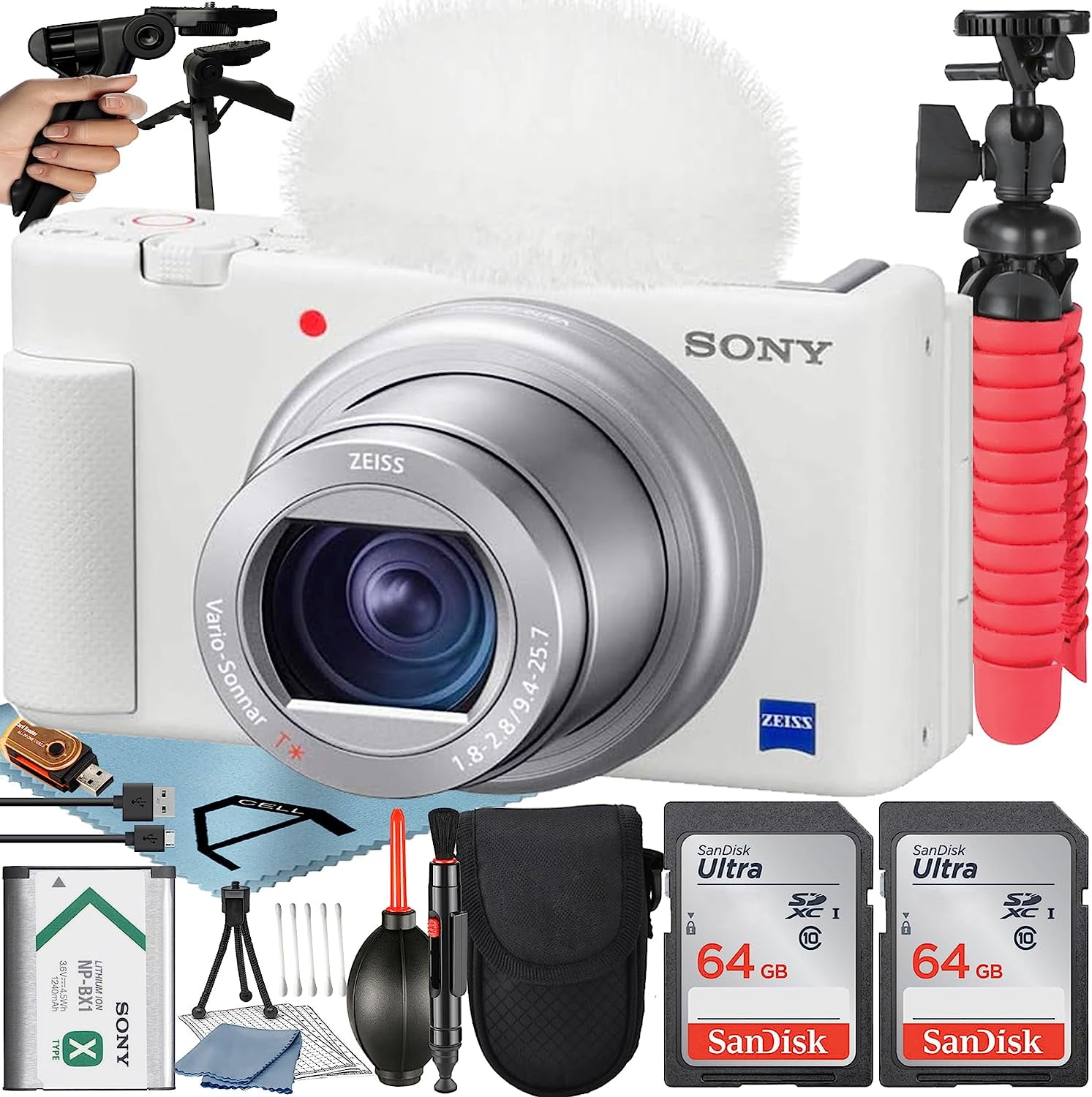 Sony ZV-1 Compact Digital Camera For Content Creators 4K HDR Video with Wind Screen + 2 Pack 64GB Memory Card + Case + Tripod + ZeeTech Accessory Bundle (White)