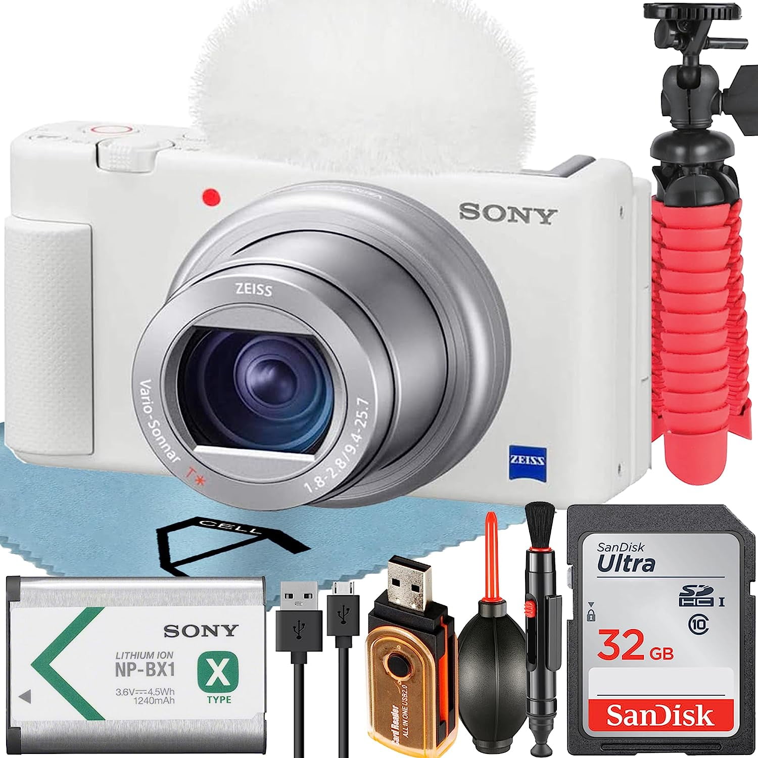 Sony ZV-1 Compact Digital Camera For Content Creators 4K HDR Video with Wind Screen + 32GB Memory Card + Tripod + ZeeTech Accessory Bundle (White)