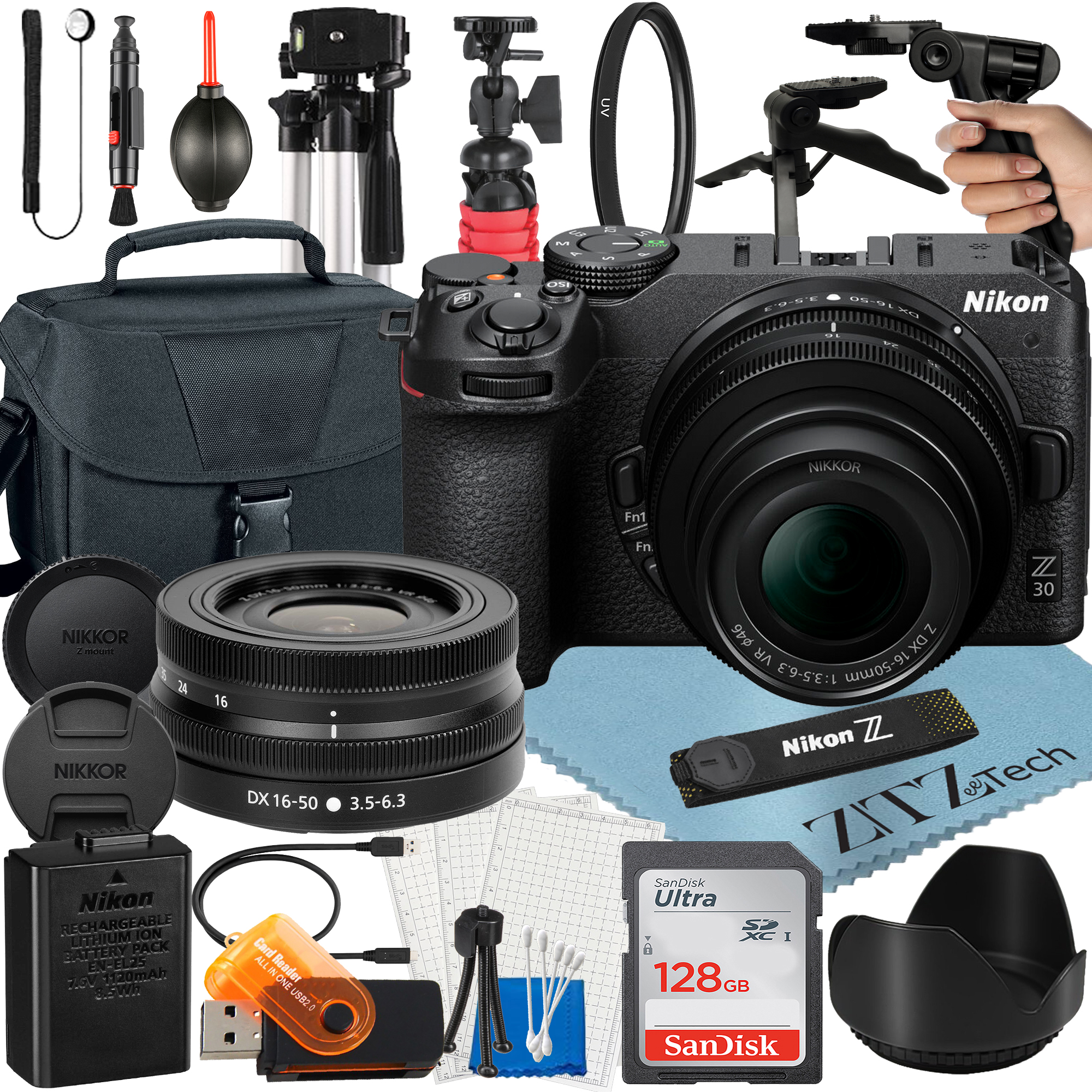 Nikon Z30 Mirrorless Camera Bundle with NIKKOR 16-50mm VR Zoom Lens + 128GB SanDisk Card + Case + Tripod + ZeeTech Accessory