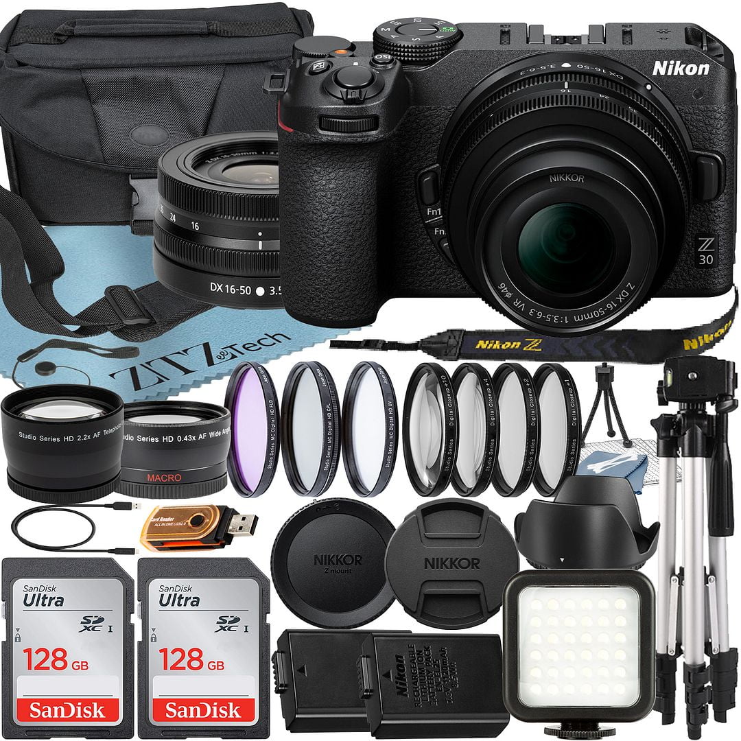 Nikon Z30 Mirrorless Camera with NIKKOR Z DX 16-50mm VR Zoom Lens + SanDisk 128GB Card + Case + Telephoto + Tripod + ZeeTech Accessory Bundle