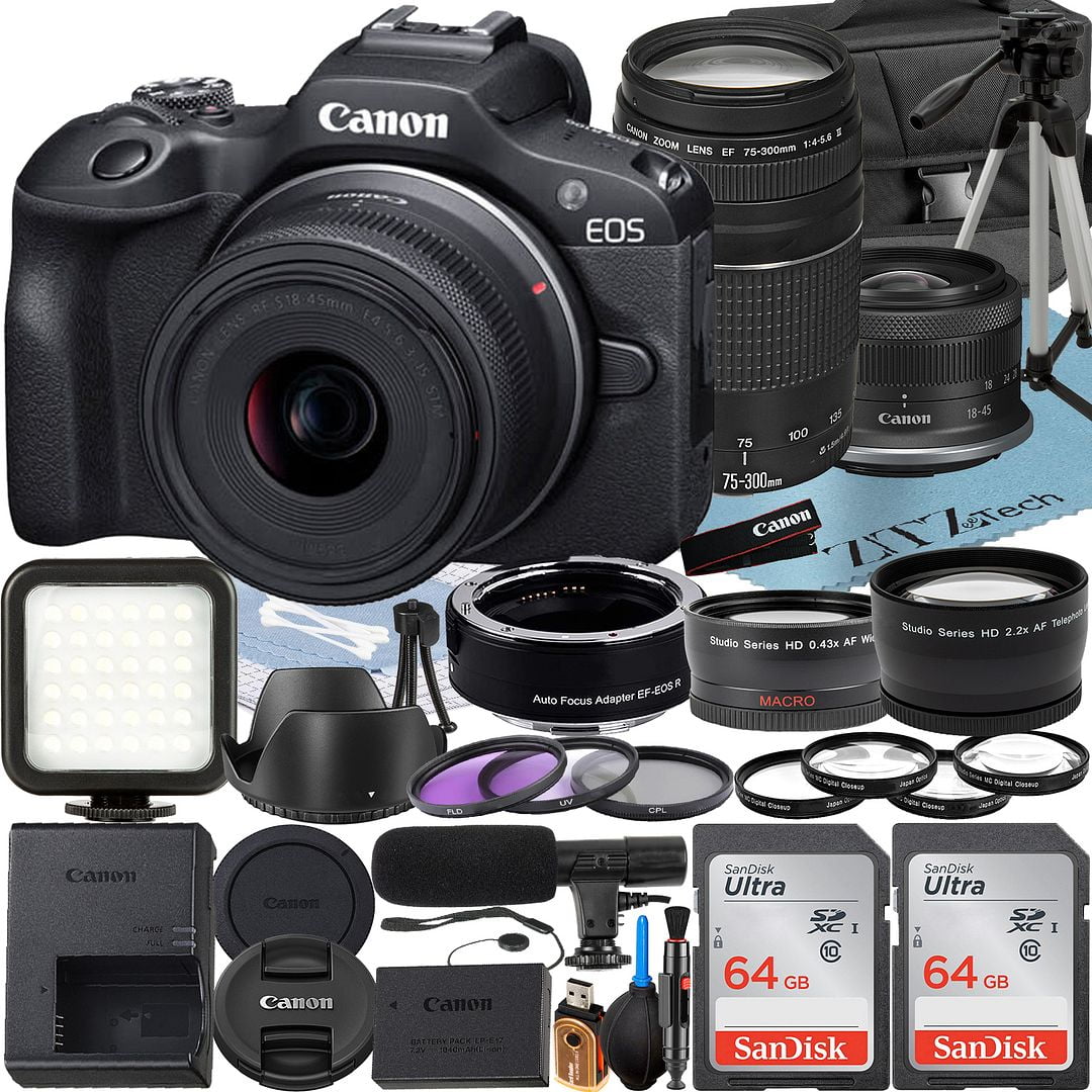 Canon EOS R100 Mirrorless Camera with RF-S 18-45mm + EF 75-300mm Lens + Mount Adapter + 2 Pack SanDisk 64GB Memory Card + Case + ZeeTech Accessory