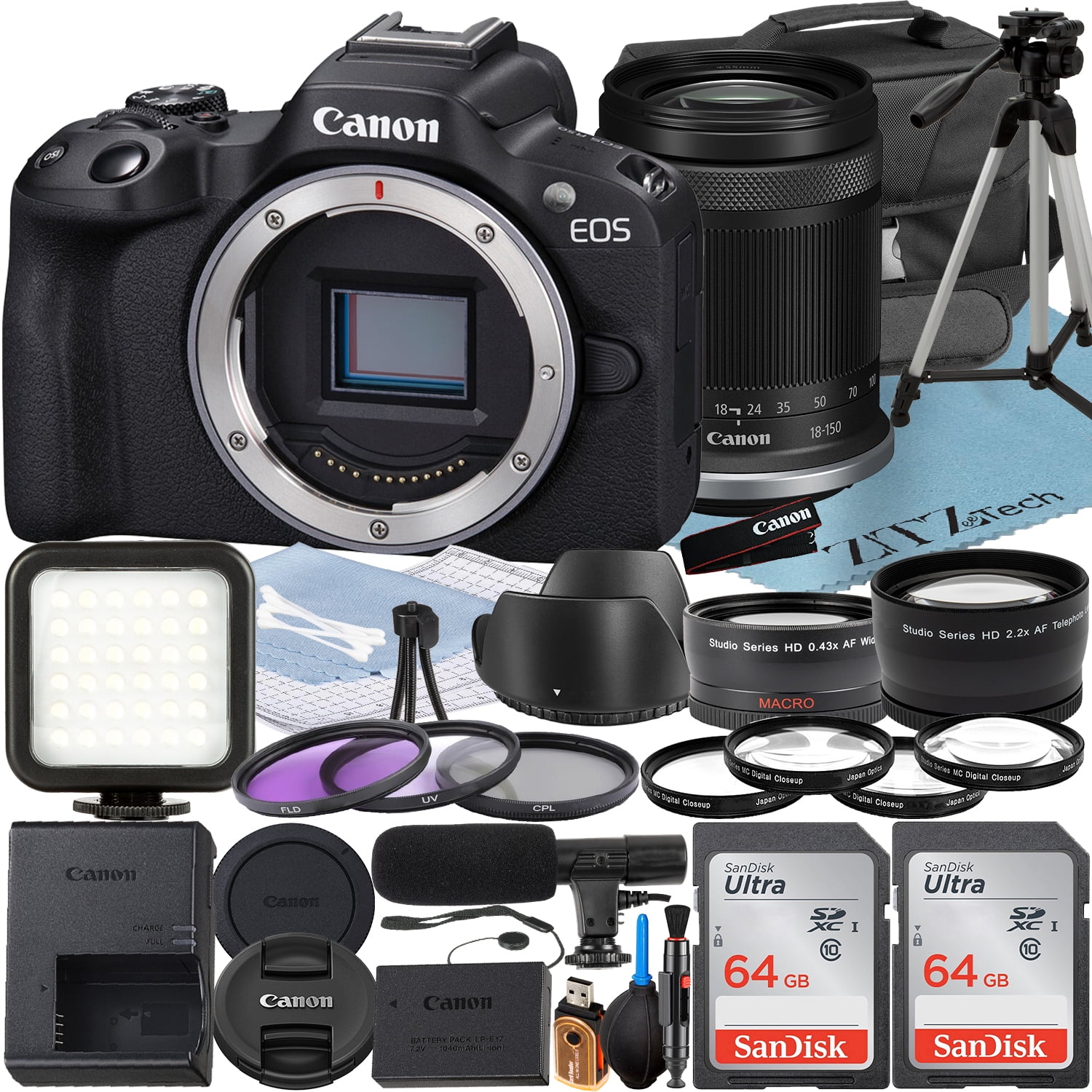 Canon EOS R50 Mirrorless Camera with RF-S 18-150mm Lens + 2 Pack SanDisk 64GB Memory Card + Case + ZeeTech Accessory