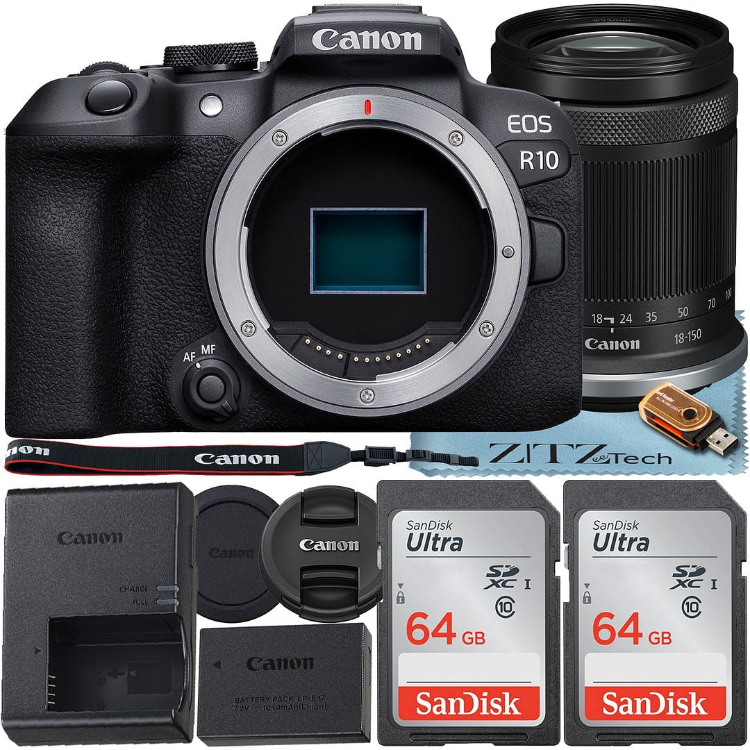 Canon EOS R10 Mirrorless Camera with RF-S 18-150mm f/3.5-6.3 IS STM Lens + 2 Pack SanDisk 64GB Memory Card + ZeeTech Accessory Bundle