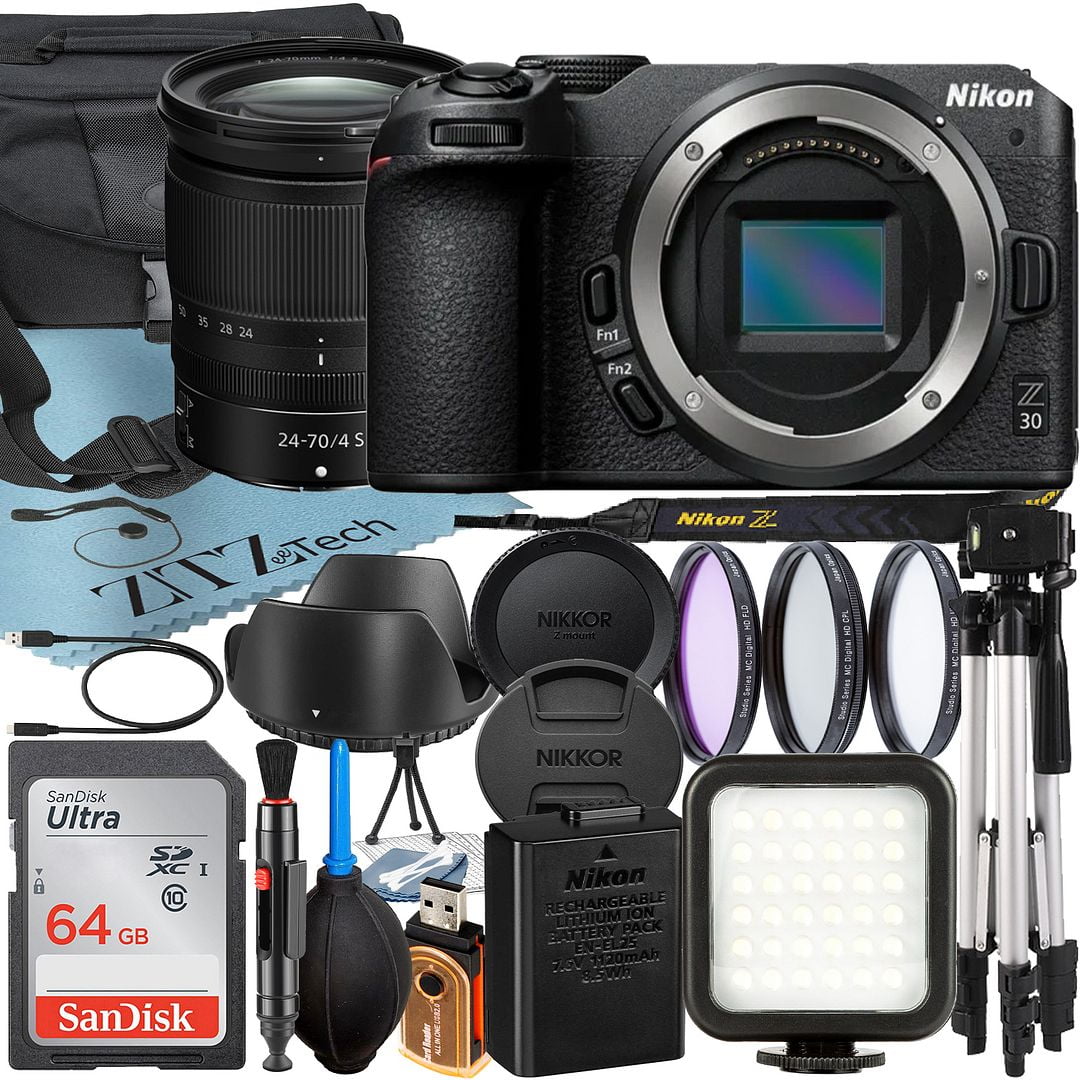 Nikon Z30 Mirrorless Camera with NIKKOR Z 24-70mm f/4 S Lens + SanDisk 64GB Card + Case + 3 Pieces Filter + Flash + ZeeTech Accessory Bundle