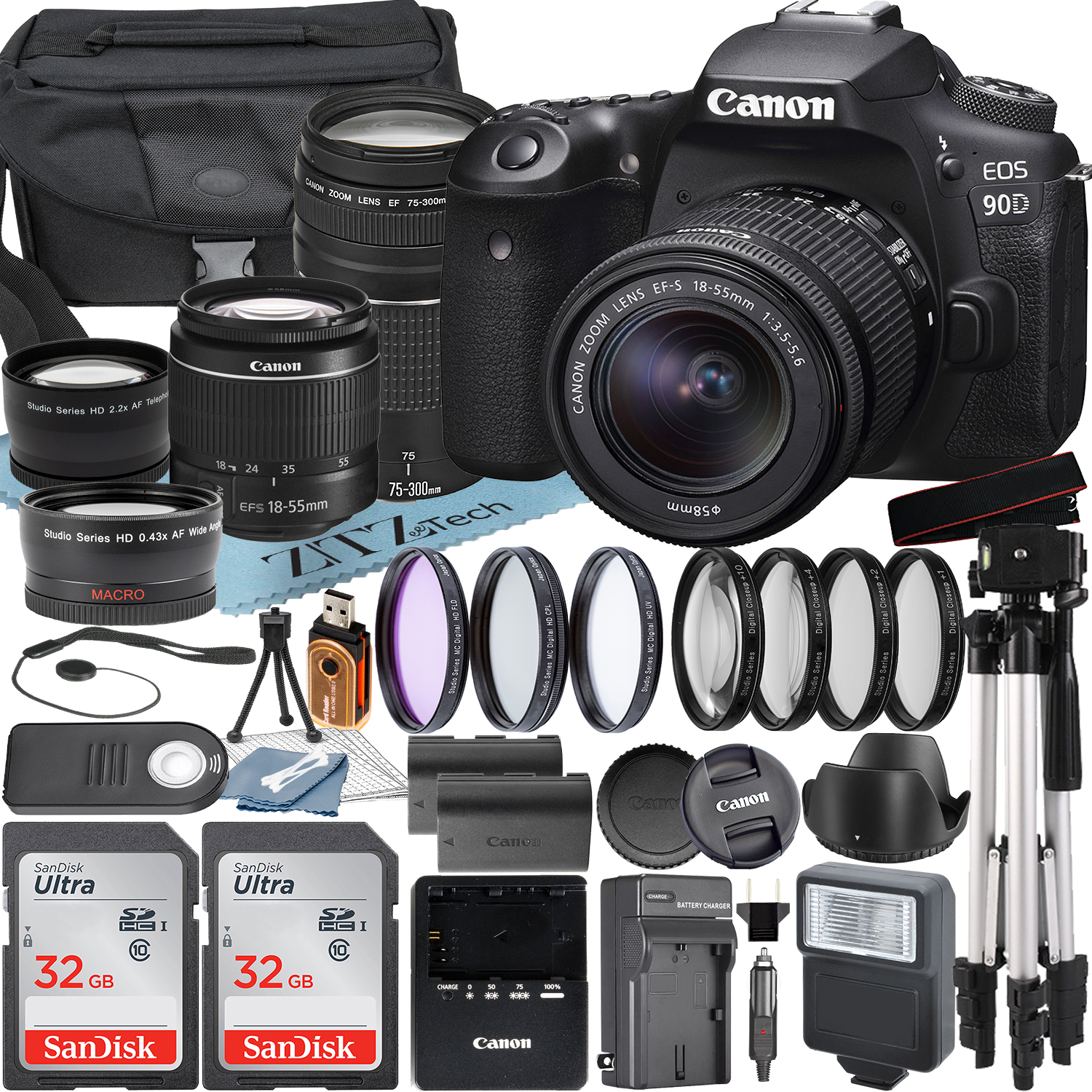Canon EOS 90D DSLR Camera with 18-55mm + 75-300mm Lens + SanDisk 32GB Card + Case + Wideangle + Tripod + ZeeTech Accessory Bundle