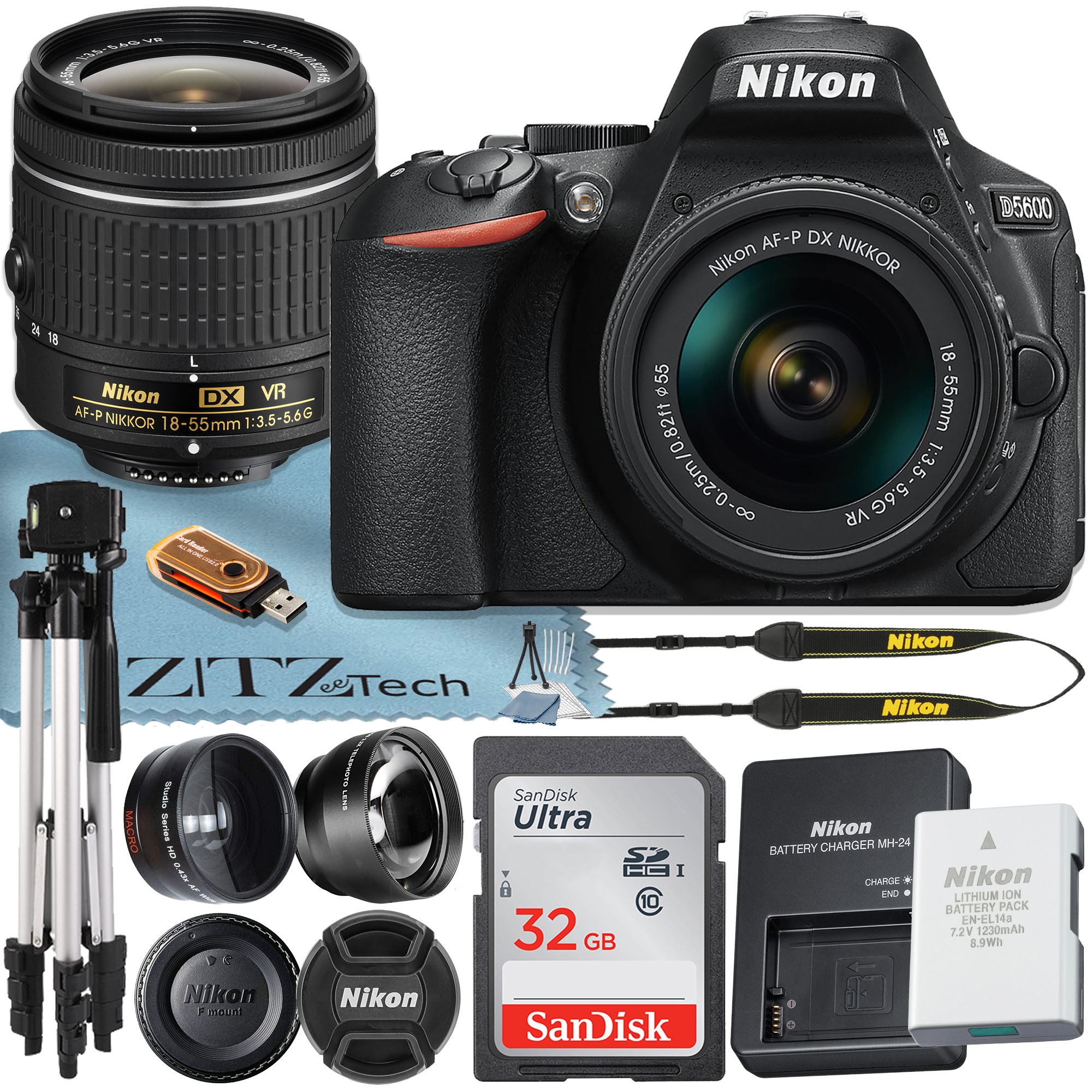 Nikon D5600 DSLR Camera 24.2MP DX-Format Full HD 1080p with 18-55mm Lens + SanDisk 32GB Memory Card + Tripod + ZeeTech Accessory Bundle