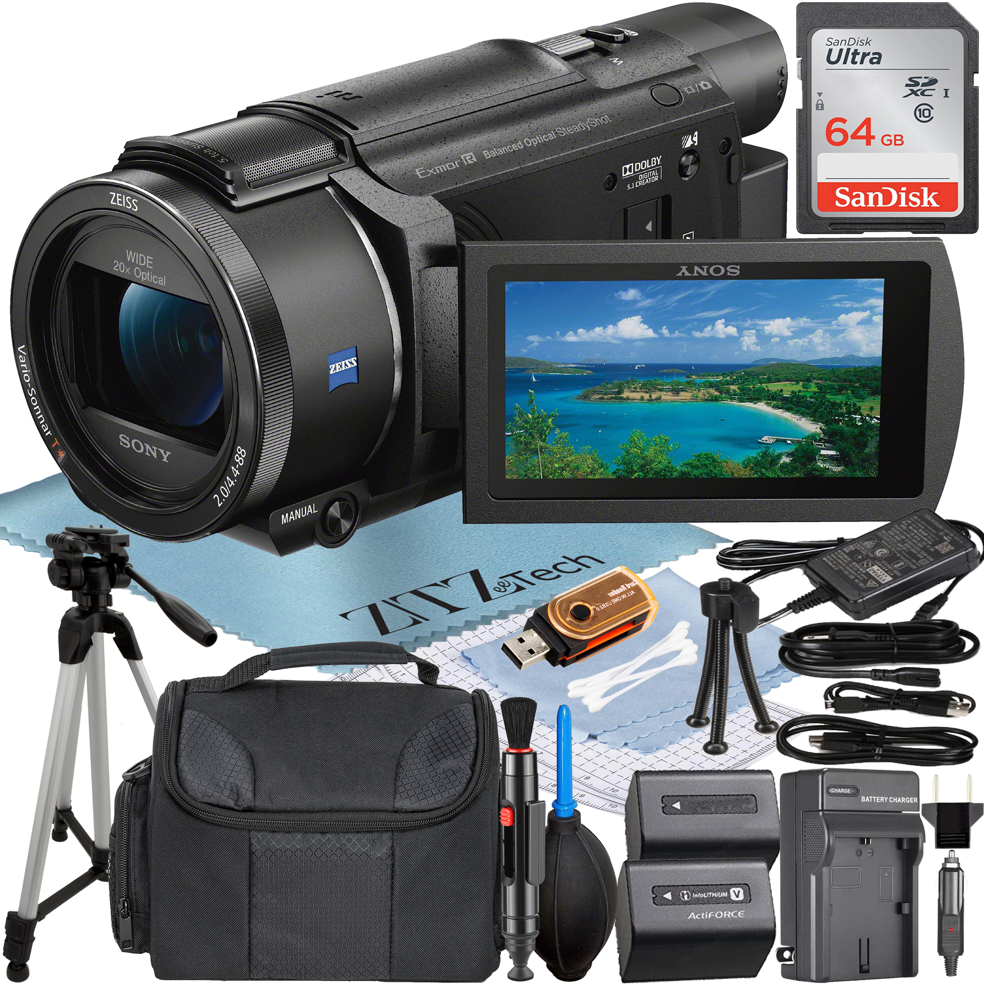 Sony FDR-AX53 4K Ultra HD Handycam Camcorder with 64GB SanDisk Memory Card + Charger + Case + Tripod + ZeeTech Accessory Bundle