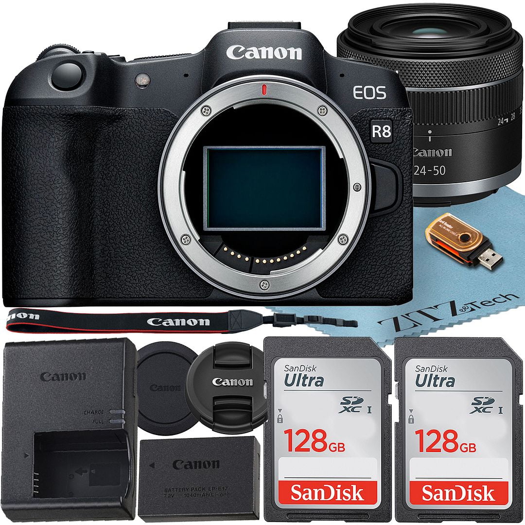 Canon EOS R8 Mirrorless Camera with RF 24-50mm f/4.5-6.3 IS STM Lens + 2 Pack SanDisk 128GB Memory Card + ZeeTech Accessory Bundle