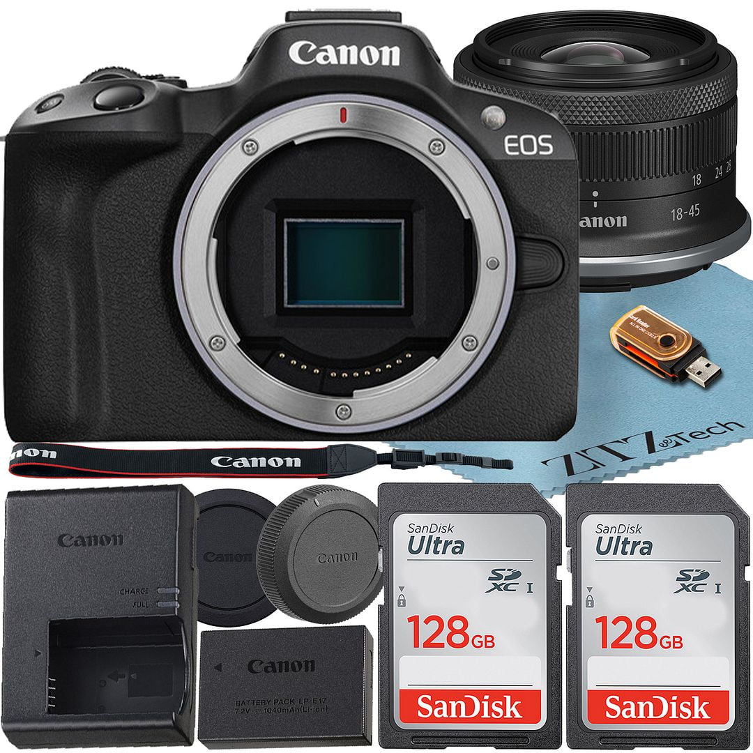 Canon EOS R50 Mirrorless Camera with RF-S 18-45mm f/4.5-6.3 IS STM Lens + 2 Pack SanDisk 128GB Memory Card + ZeeTech Accessory Bundle