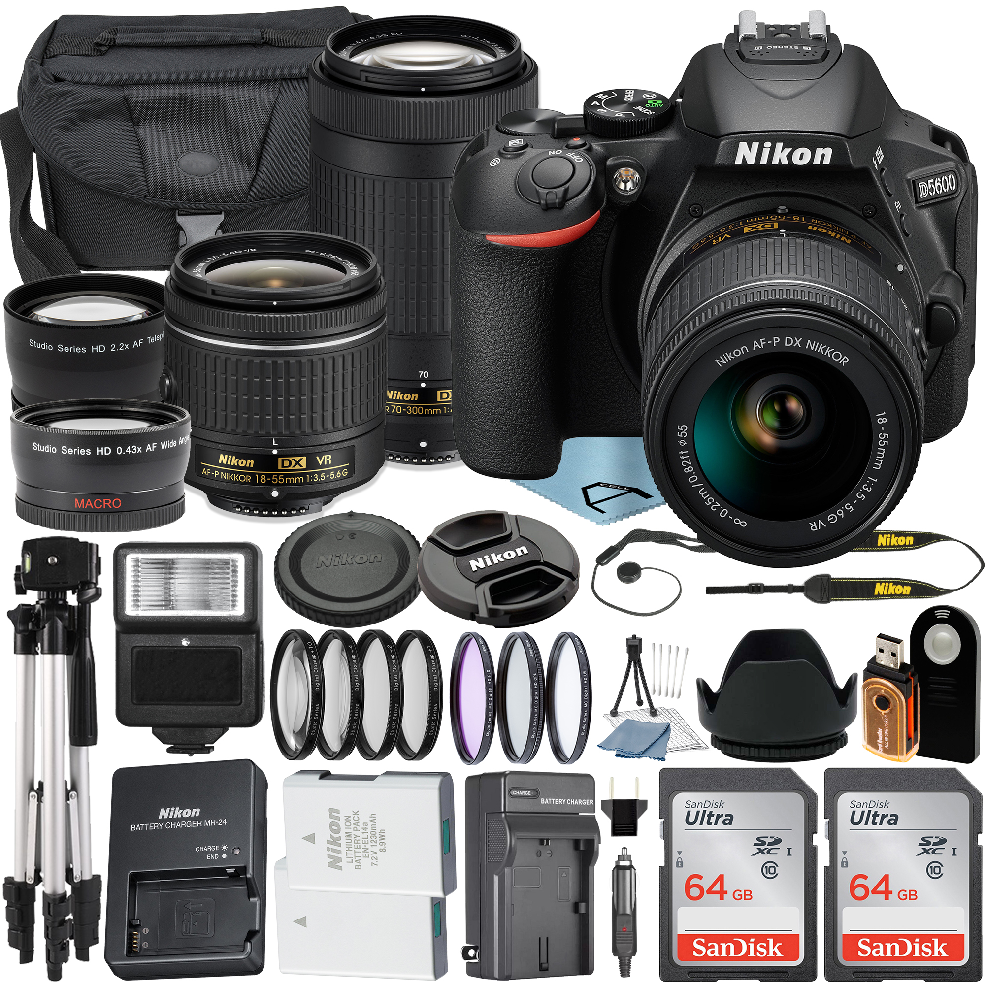 Nikon D5600 DSLR Camera with AF-P 18-55mm + 70-300mm Daul Lens + 2 Pack SanDisk 64GB Memory Card + Case + Tripod + A-Cell Accessory Bundle