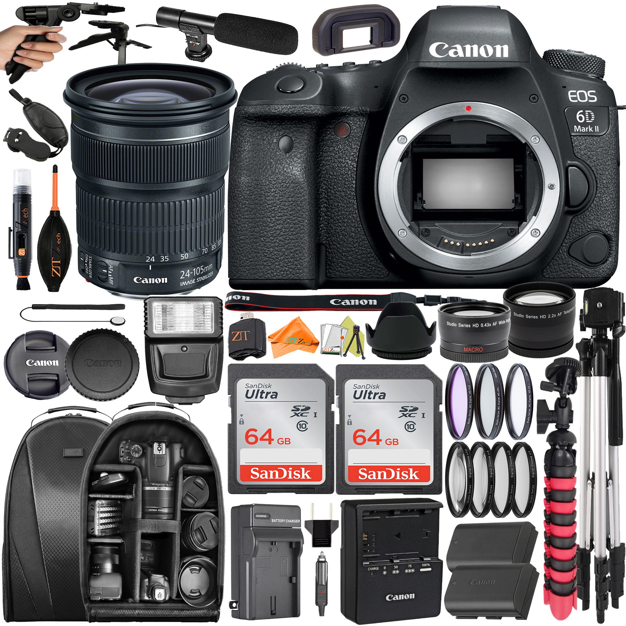 Canon EOS 6D Mark II DSLR Camera with 24-105mm Lens + SanDisk 64GB + Backpack Case + Telephoto + ZeeTech Accessory Bundle