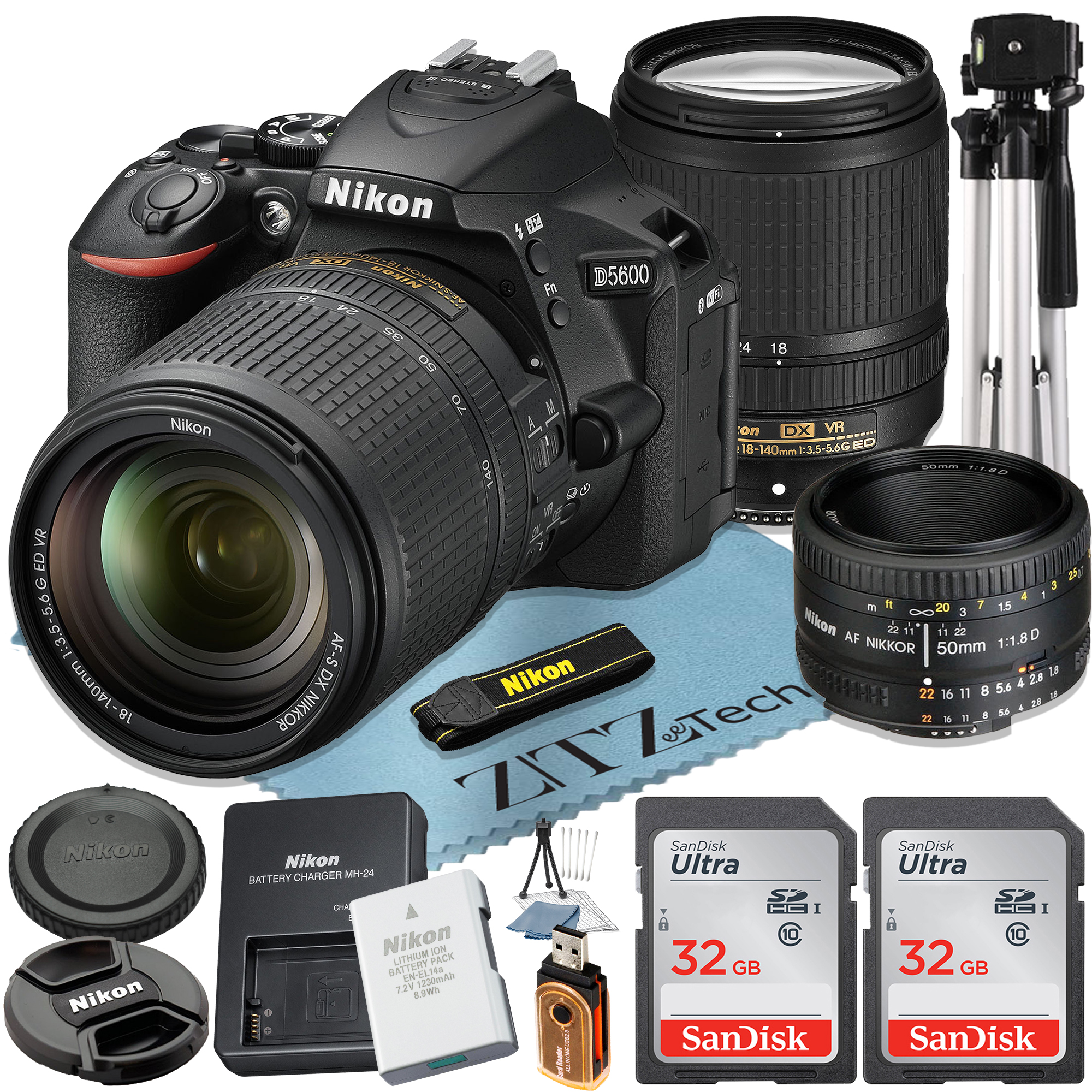 Nikon D5600 DSLR Camera 24.2MP with 18-140mm + AF FX 50mm Lens + 2 Pcs SanDisk 32GB Memory Card + Tripod + ZeeTech Accessory Bundle