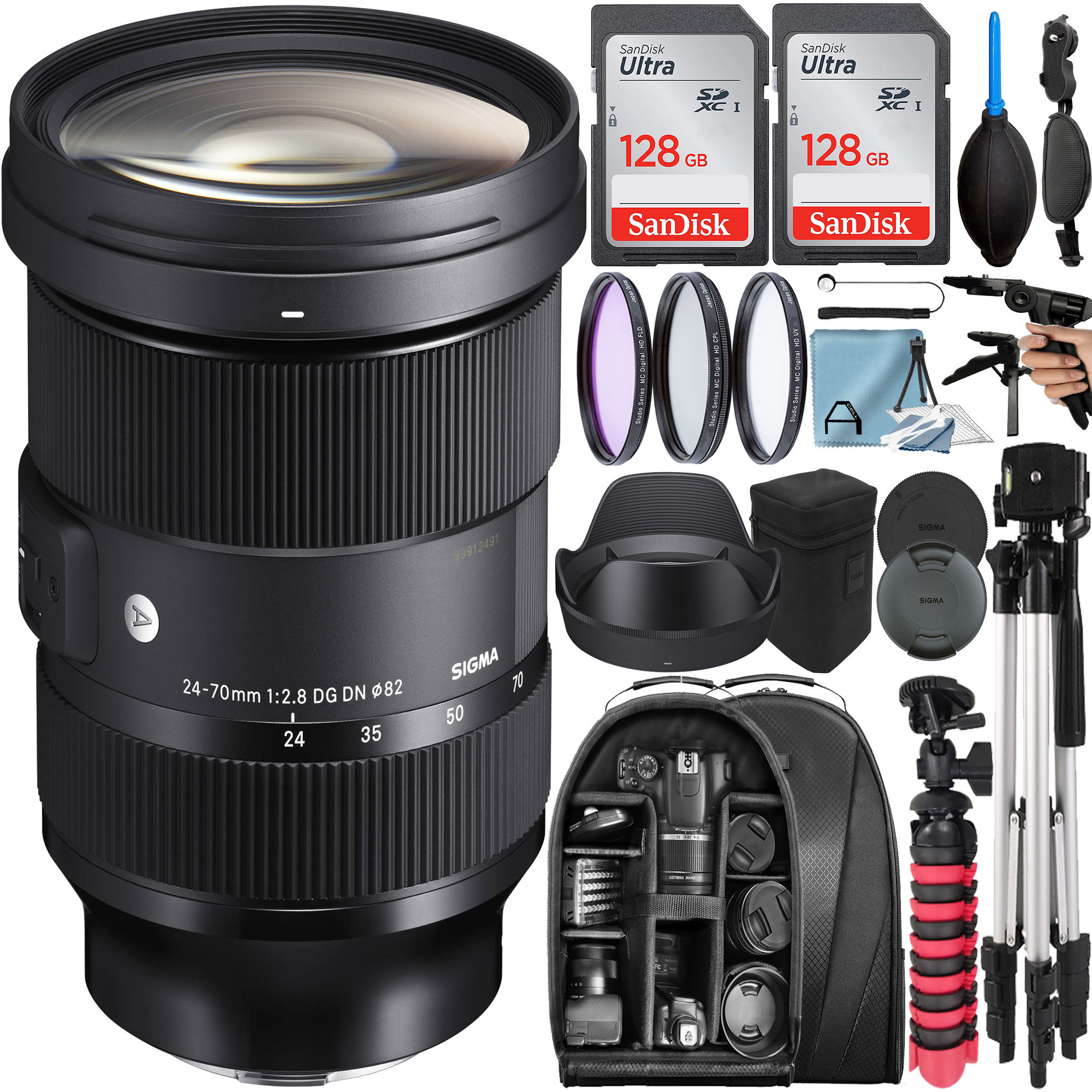 Sigma 24-70mm f/2.8 DG DN Art Lens for Sony E with 2 Pack 128GB SanDisk Memory Card + Tripod + Backpack + A-Cell Accessory Bundle