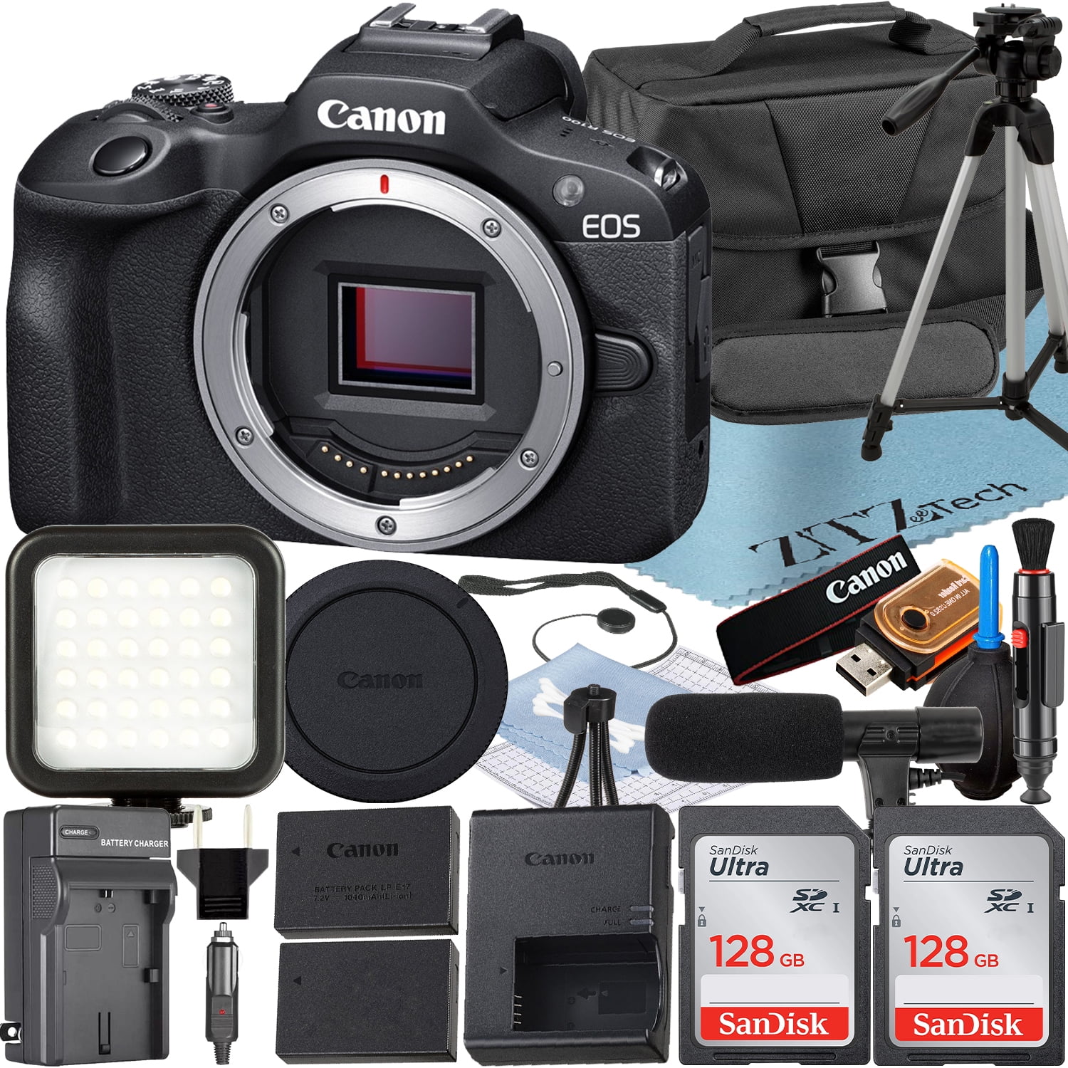 Canon EOS R100 Mirrorless Camera (Body) with 2 Pack SanDisk 128GB Memory Card + Case + ZeeTech Accessory