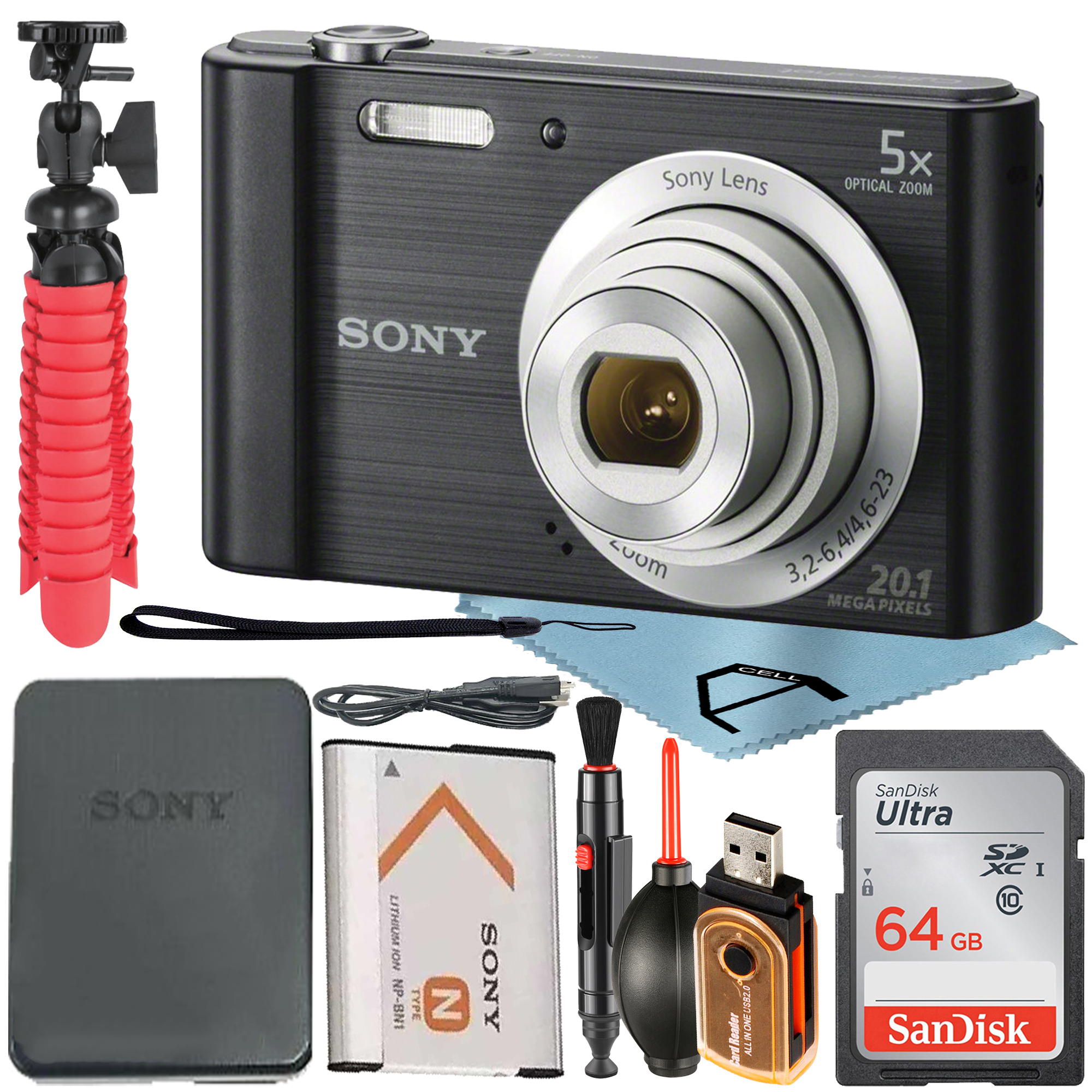 Sony Cyber-Shot DSC-W800 Digital Camera (Black) with Optical 5x + 64GB SanDisk Card + Tripod + A-Cell Accessory