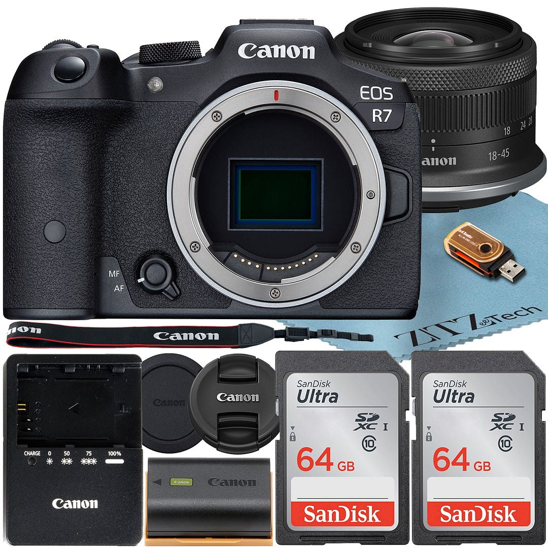 Canon EOS R7 Mirrorless Camera with RF-S 18-45mm f/4.5-6.3 IS STM Lens + 2 Pack SanDisk 64GB Memory Card + ZeeTech Accessory Bundle