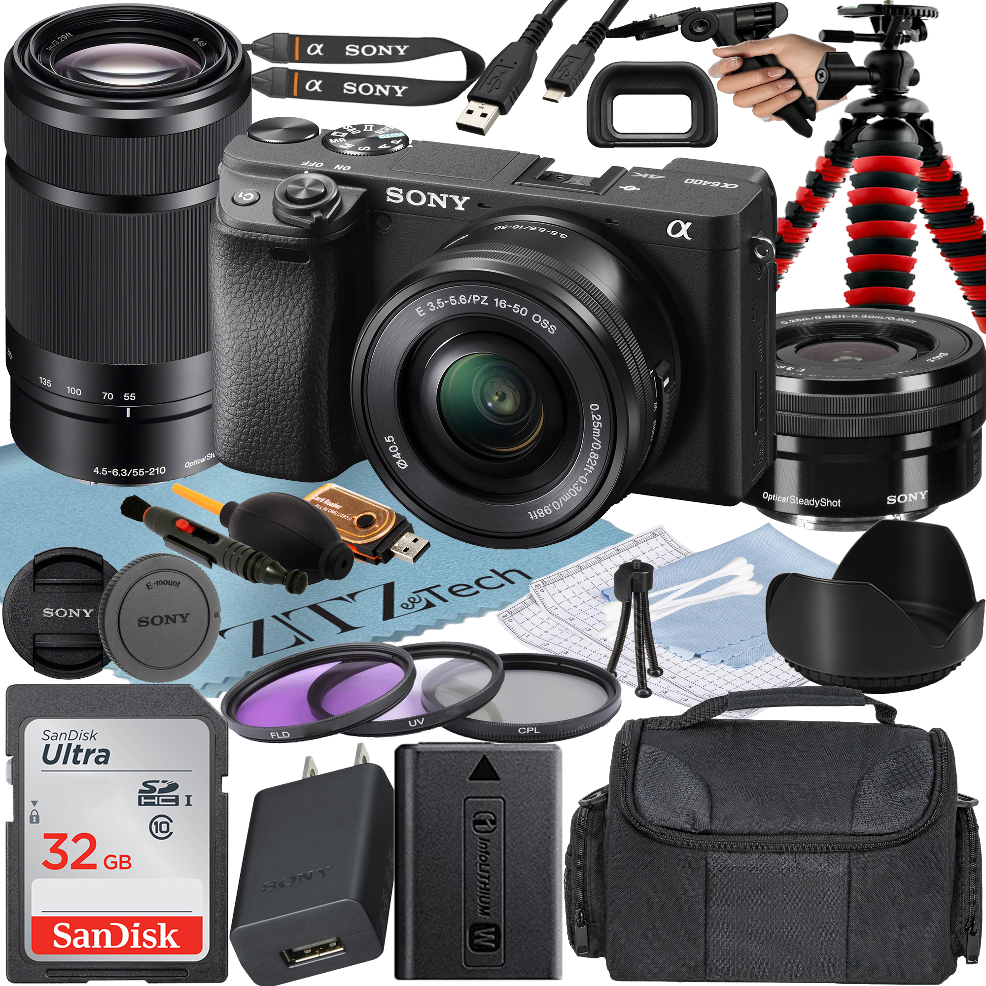 Sony Alpha a6400 Mirrorless Digital Camera with E PZ 16-50mm + E 55-210mm OSS Lens + SanDisk 32GB Card + Tripod + ZeeTech Accessory Bundle