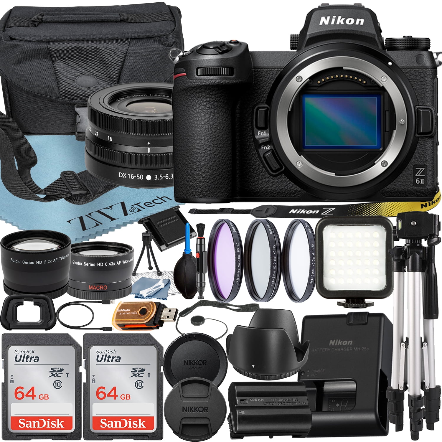 Nikon Z6 II Mirrorless Camera with NIKKOR Z DX 16-50mm VR Zoom Lens + SanDisk 64GB Card + Case + Wideangle + Tripod + ZeeTech Accessory Bundle