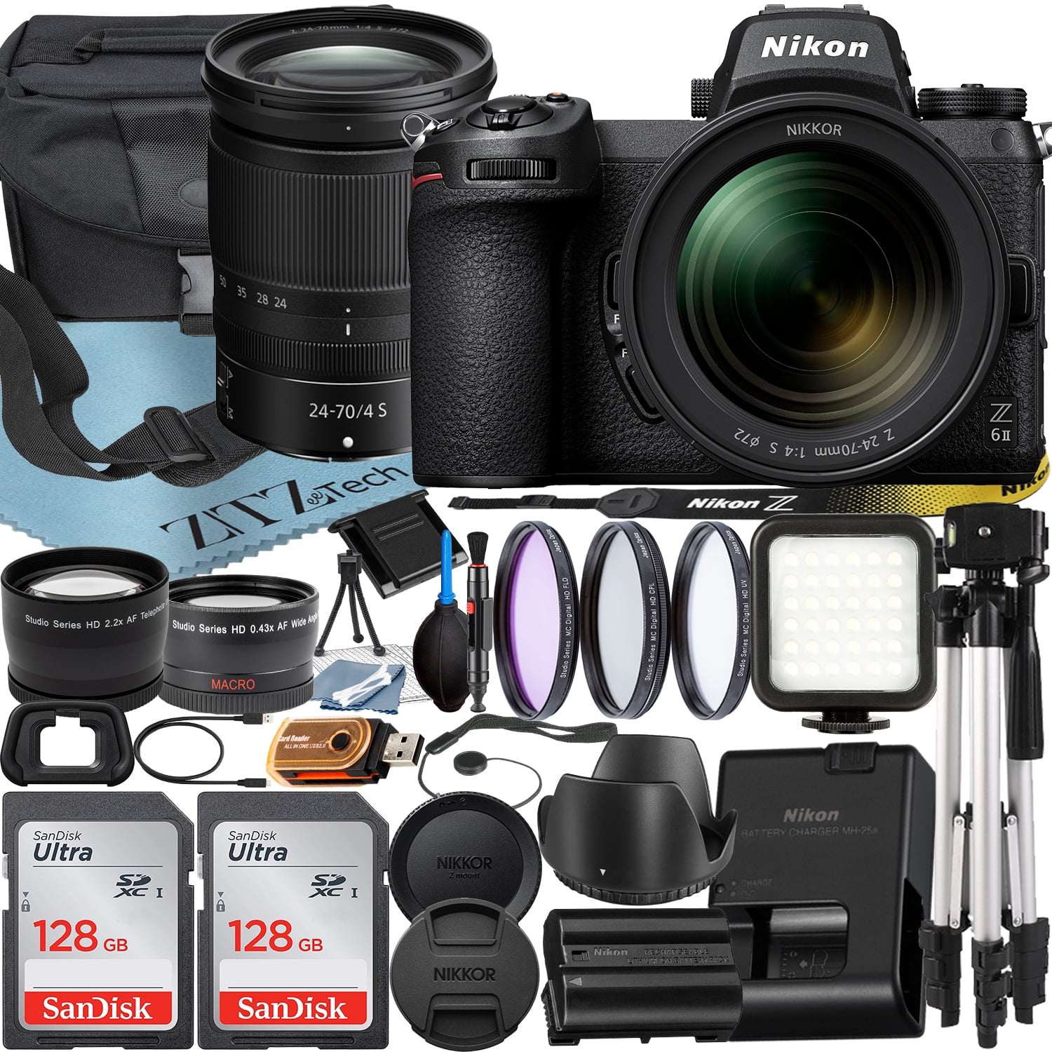 Nikon Z6 II Mirrorless Camera with NIKKOR Z 24-70mm f/4 S Lens + SanDisk 128GB Card + Case + Wideangle + Tripod + ZeeTech Accessory Bundle