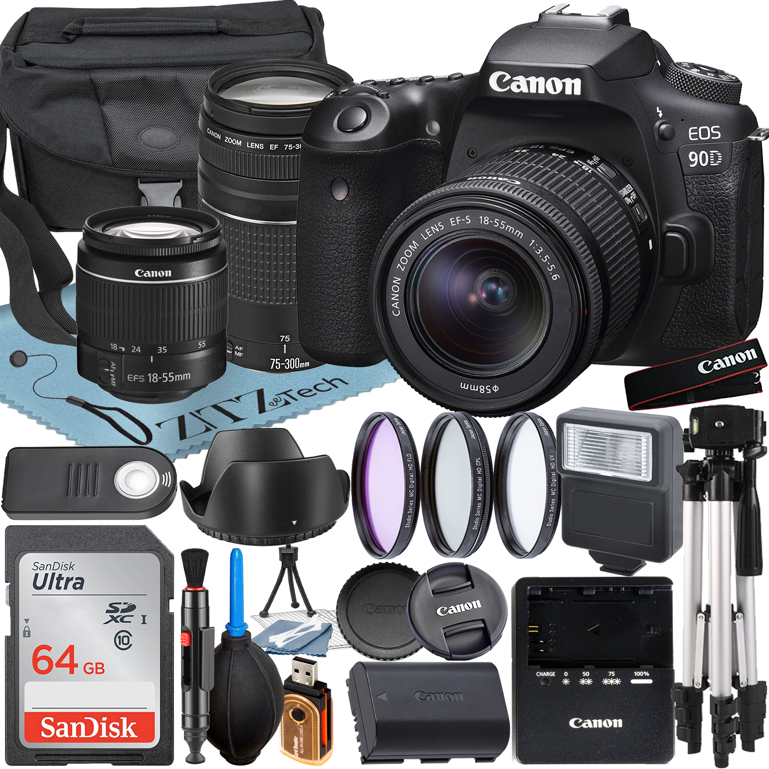 Canon EOS 90D DSLR Camera with 18-55mm + 75-300mm Lens + SanDisk 64GB Card + Case + 3 Pieces Filter + Flash + ZeeTech Accessory Bundle
