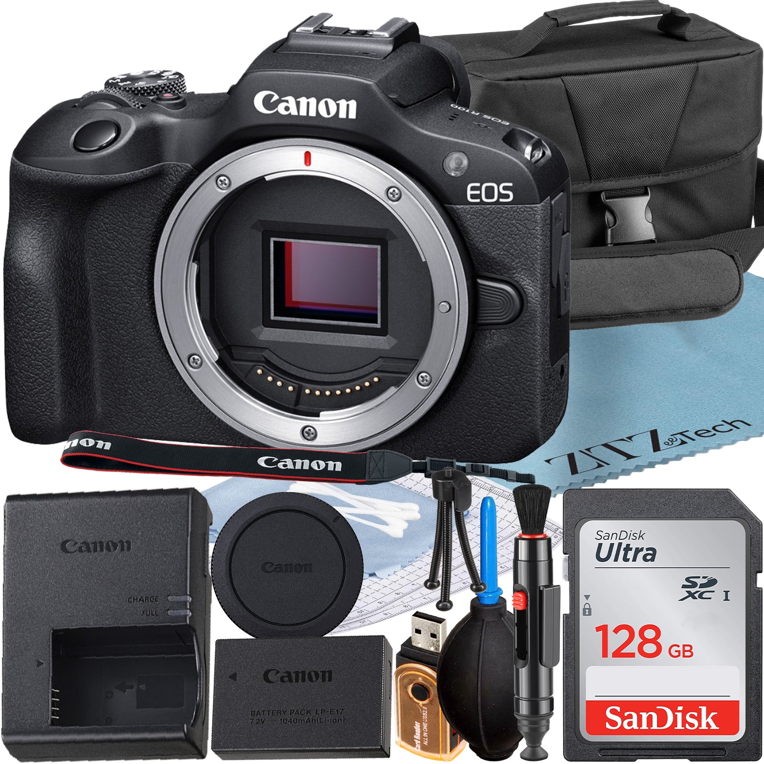 Canon EOS R100 Mirrorless Camera (Body) with 4K Video + SanDisk 128GB Memory Card + Case + ZeeTech Accessory Bundle