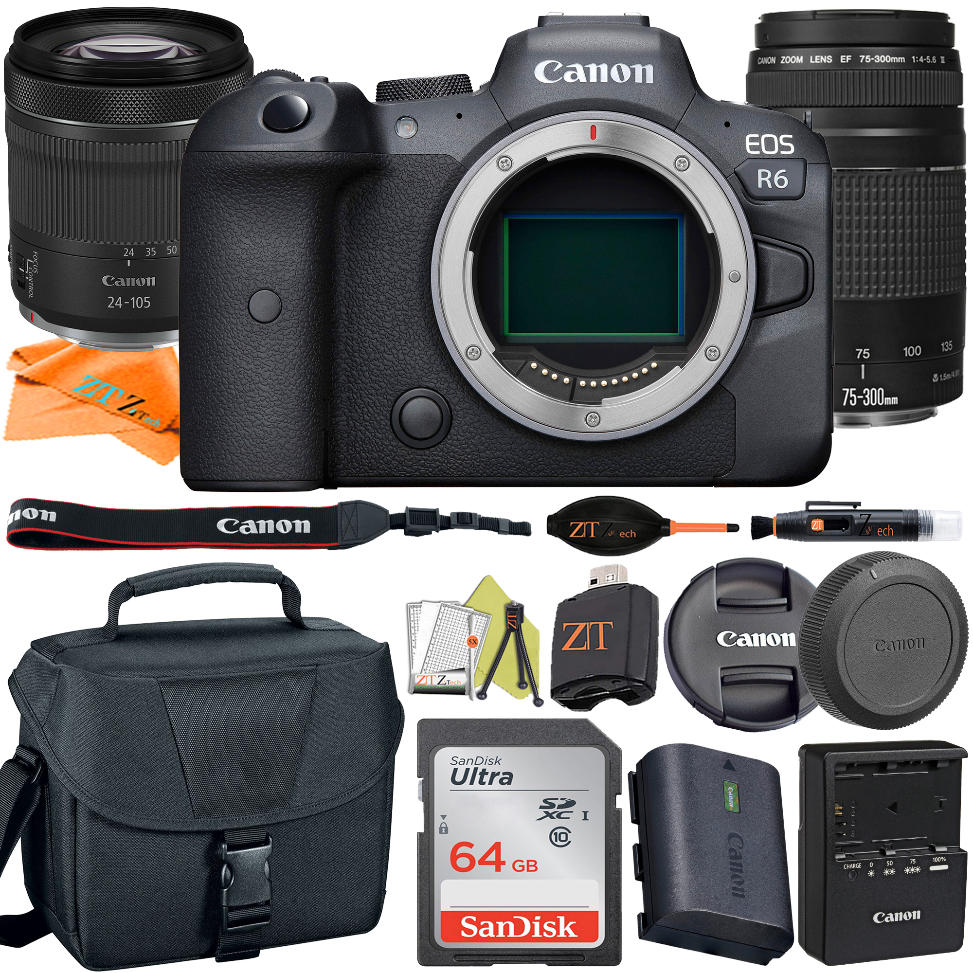Canon EOS R6 Mirrorless Digital Camera with RF 24-105mm STM + 75-300mm Lens + SanDisk 64GB Card + Case + ZeeTech Accessory