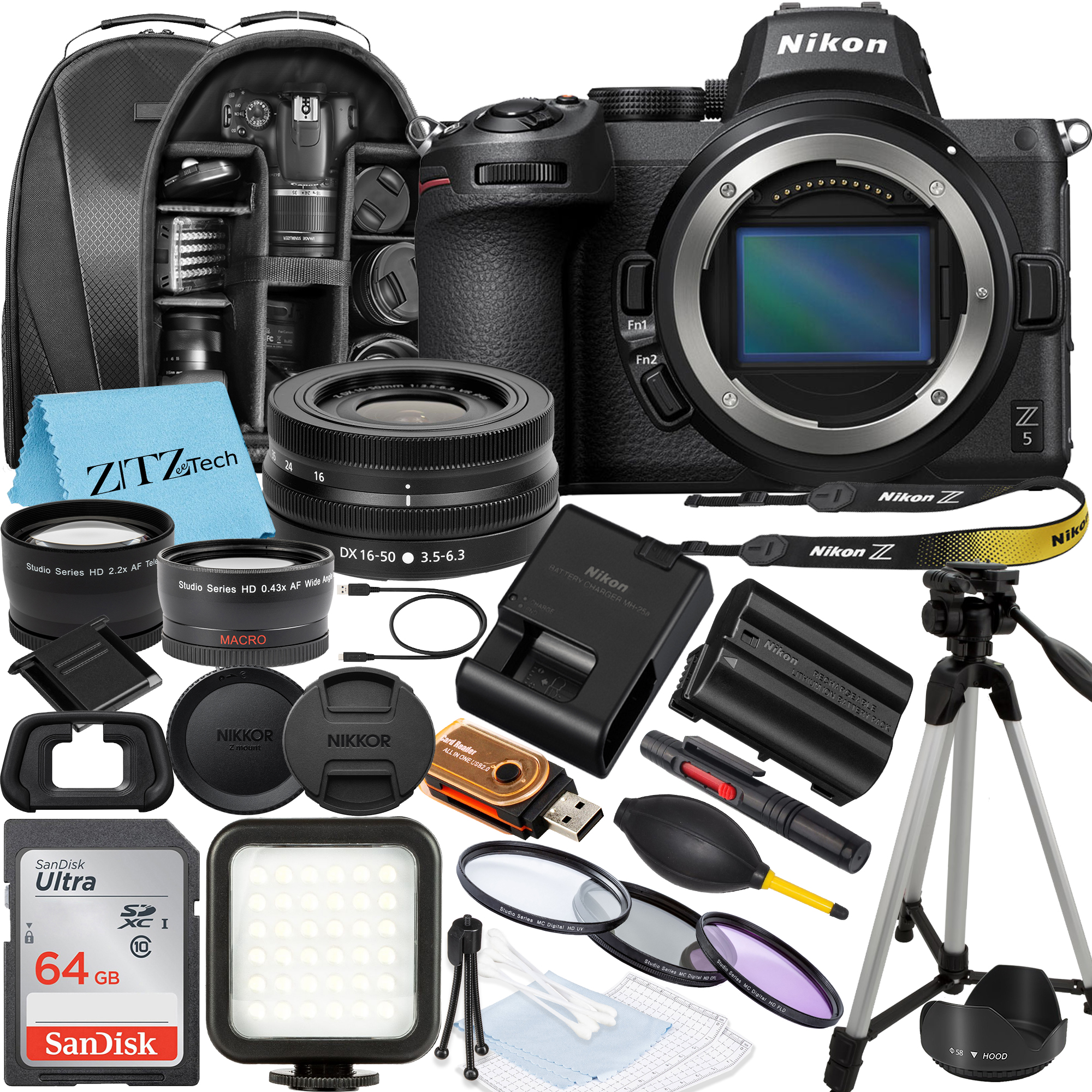 Nikon Z5 Mirrorless Camera with NIKKOR Z DX 16-50mm VR Zoom Lens, SanDisk 64GB Memory Card, Backpack, Flash, Tripod and ZeeTech Accessory Bundle