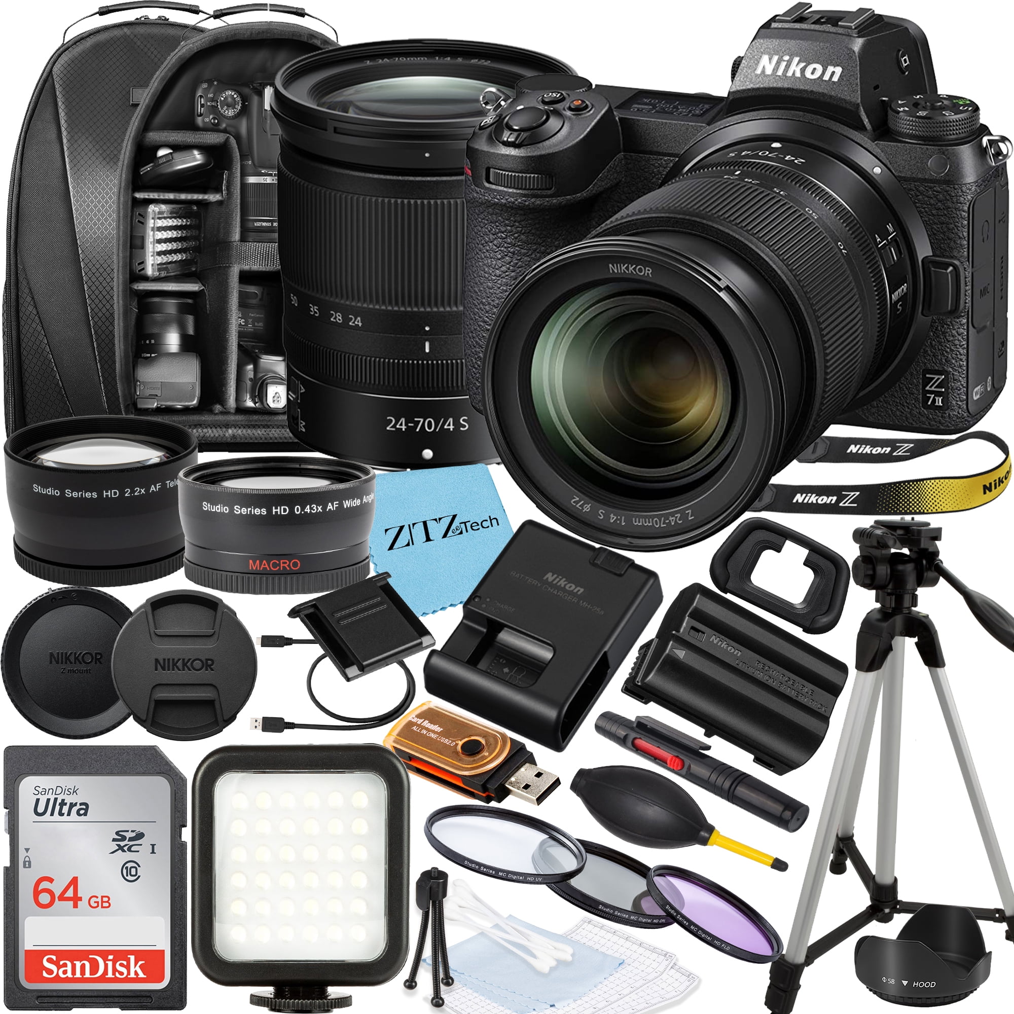 Nikon Z7 II Mirrorless Camera with NIKKOR Z 24-70mm f/4 S Lens, SanDisk 64GB Memory Card, Backpack, Flash, Tripod and ZeeTech Accessory Bundle