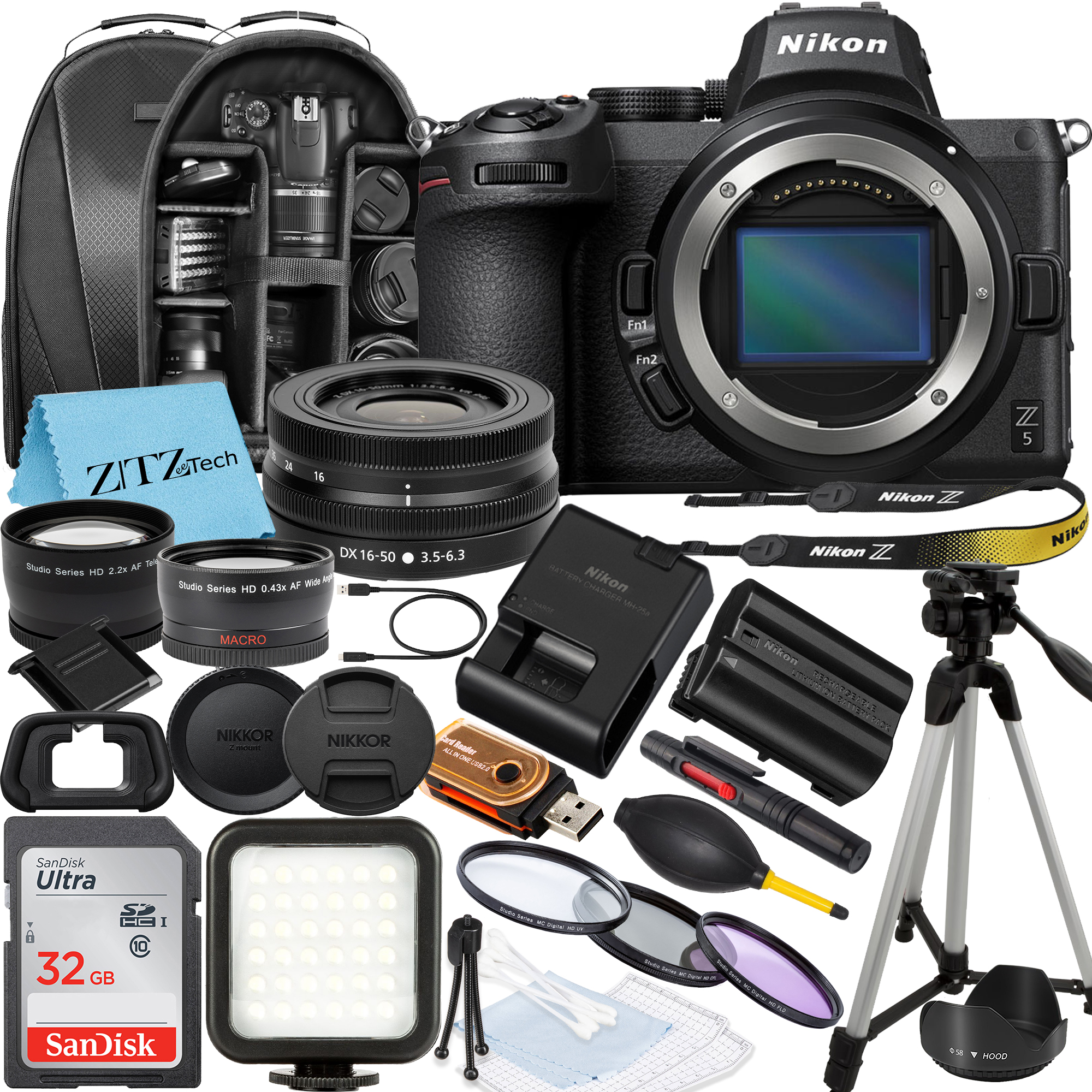 Nikon Z5 Mirrorless Camera with NIKKOR Z DX 16-50mm VR Zoom Lens, SanDisk 32GB Memory Card, Backpack, Flash, Tripod and ZeeTech Accessory Bundle