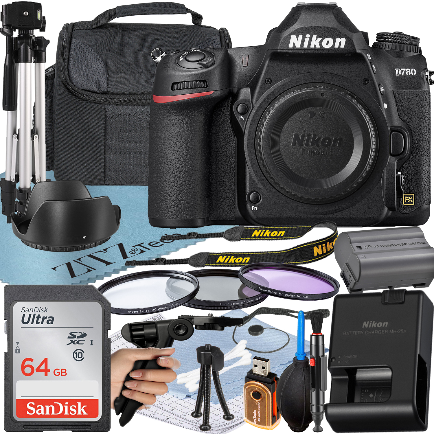 Nikon D780 DSLR Camera (Body Only) with 24.5MP FX-Format BSI CMOS Sensor + SanDisk 64GB Memory Card + Case + UV Filter + ZeeTech Accessory Bundle